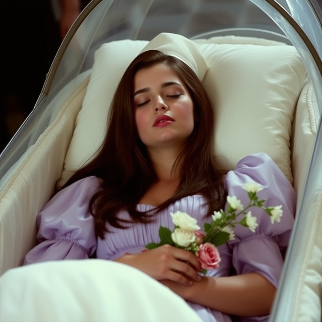 1970s film still of the alluring, 19 year old Ana de Armas with long straight brown hair, red blush, pink lipstick. Wearing an off-shoulder lavender puff sleeve dress. Lying in a deep death-like sleep in a glass-covered bier, eyes closed, holding a bunch of flowers in a funeral type, sleeping beauty scene, in repose as if in a funeral.