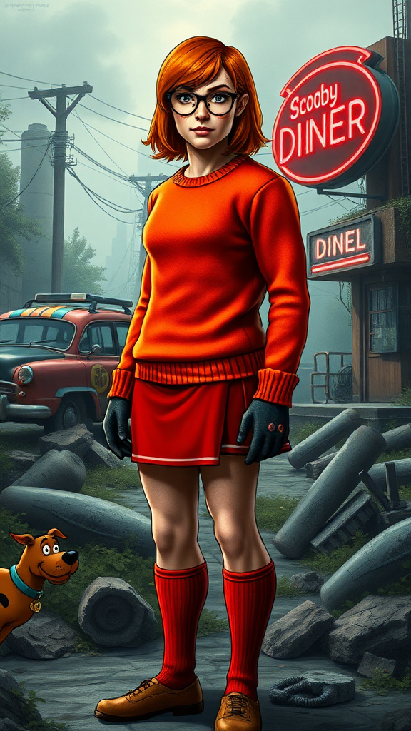 Detailed full-length portrait of Marcus Fenix's muscular male figure wearing Velma Dinkley's iconic orange sweater, red skirt, knee-high socks, and circular glasses. Velma's auburn shoulder-length hairstyle and facial features, including freckles, remain intact atop Fenix's head. The background blends the gritty, industrial environment of the Gears of War universe with the retro American suburban setting of Scooby-Doo, featuring a classic woodgrain paneled station wagon, a neon diner sign, and overgrown foliage amidst crumbling concrete ruins.