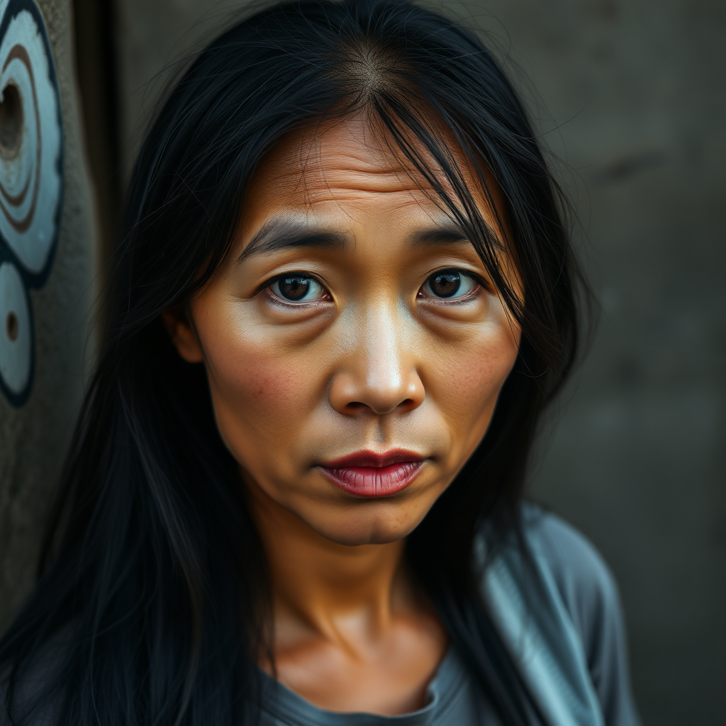 A very mysterious and very pretty, sad and homeless, about 30 years old, healthy, young-at-heart Asian woman with a very dark skin color and with a T-shirt and long, deep black hair and very typical and black Asian eyes, is very ashamed to look me in the eye and waves to me very embarrassed.