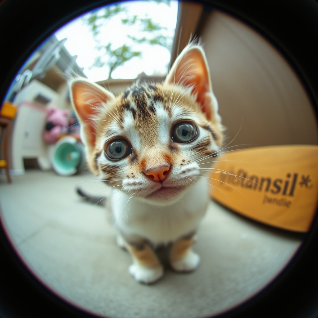 Under the fisheye lens, a cute little kitten, adorable.