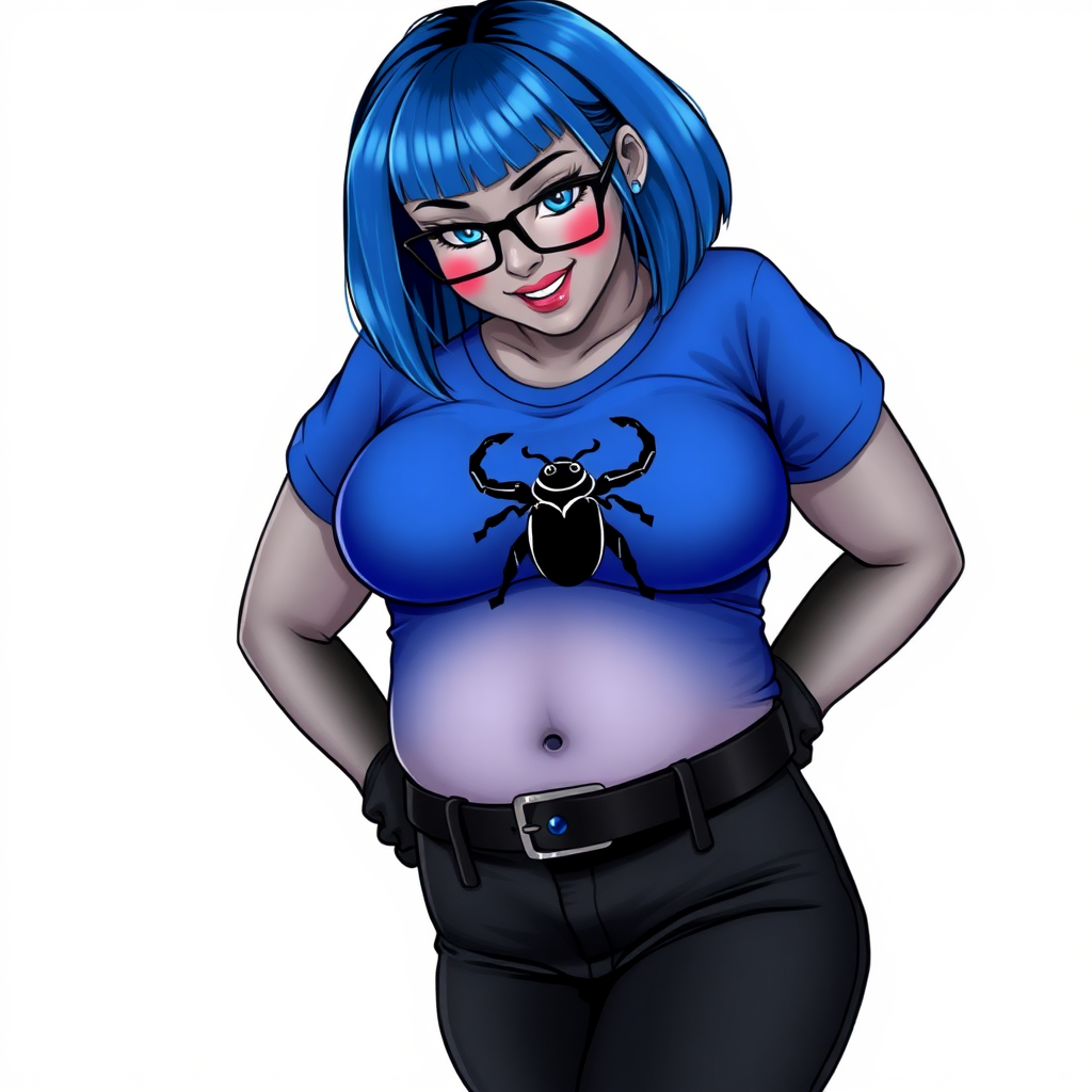 A 28-year-old, full-figured, metallic middle gray skinned computer program hybrid with a short maximum blue bob cut. She has a non-athletic build, highlighted by a prominent, round midsection (with a focus on her belly). As a digital sidekick and computer hacker to her cyberpunk vigilante boyfriend, her middle gray metallic skin and maximum blue lipstick emphasize her digital nature. She wears a tight-fitting, maximum blue t-shirt (accentuating her belly) with a black chest icon of a beetle on its chest, black pants, a black belt with a sapphire scarab buckle, and black gloves. Her bright blue eyes, black eyeglasses, and shy smile with neon red blush accentuate her nerdiness. She bashfully bows her head with her hands behind her back, her t-shirt covering her midsection (especially her belly) and emphasizing her full-figured, non-athletic physique. She is on a solid white background. She is drawn as if she was in a retro 2D cyberpunk fighting game. She is clearly non-athletic, with a focus on her full figure. Make sure her t-shirt covers her midsection (especially her belly).