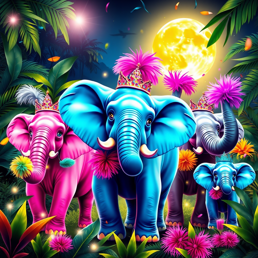 Generate a vibrant and lively image depicting an elephant partying in the heart of a lush, vibrant jungle. 

The elephants should be in various colors, like pink, blue, and purple, and be adorned with fun accessories like glittering tiaras, colorful feather boas, and trunk-held pom-poms. 

Incorporate dynamic lights and confetti effects to capture the excitement of the party. 

Include exotic jungle plants and trees in the background, and add a full moon shining brightly in the sky. 

Make the image visually stunning, playful, and joyful, capturing the essence of a fun and unforgettable elephant party in the jungle!