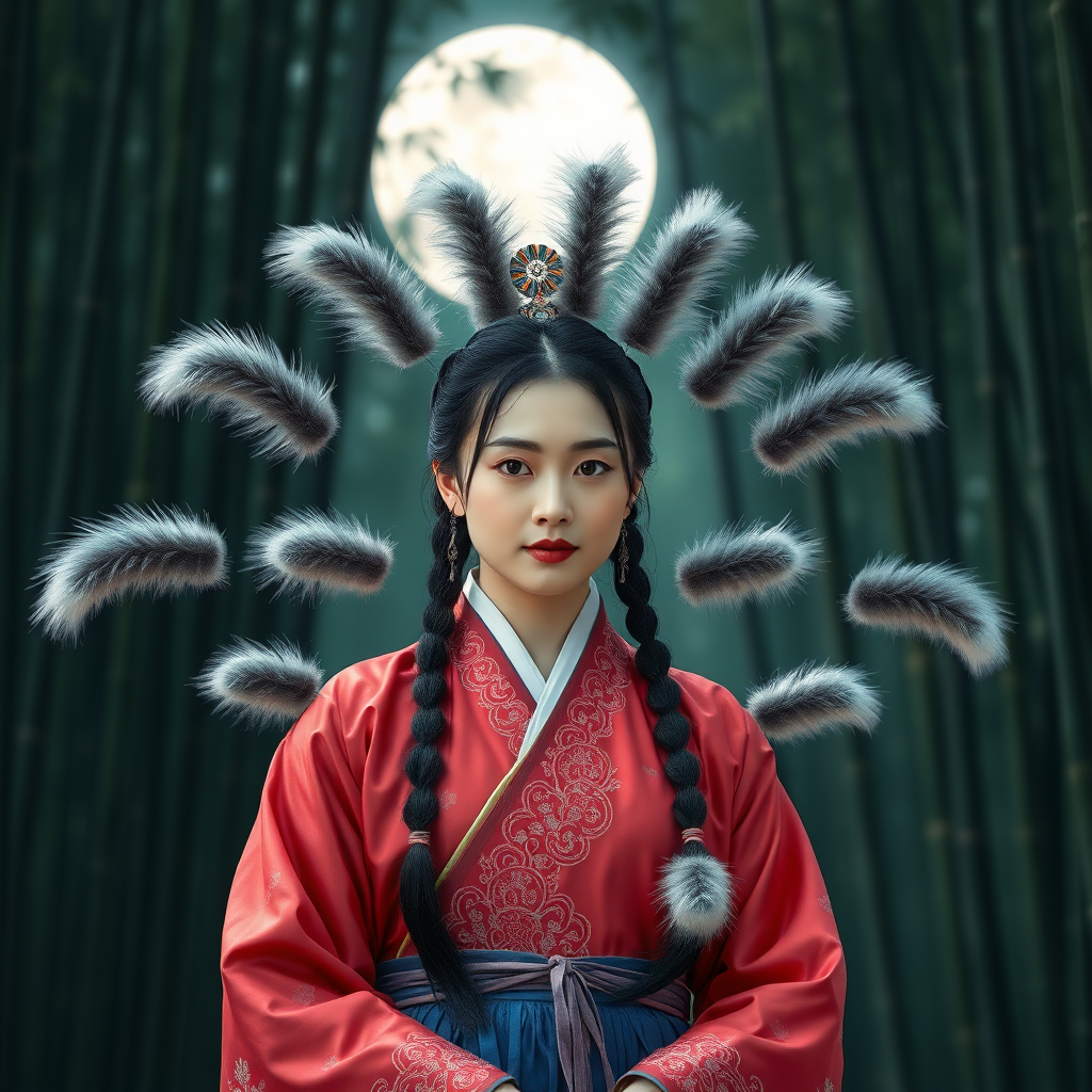 A Korean Woman in an ancient Hanbok with nine silver foxtails, in front of the full moon in a bamboo forest.