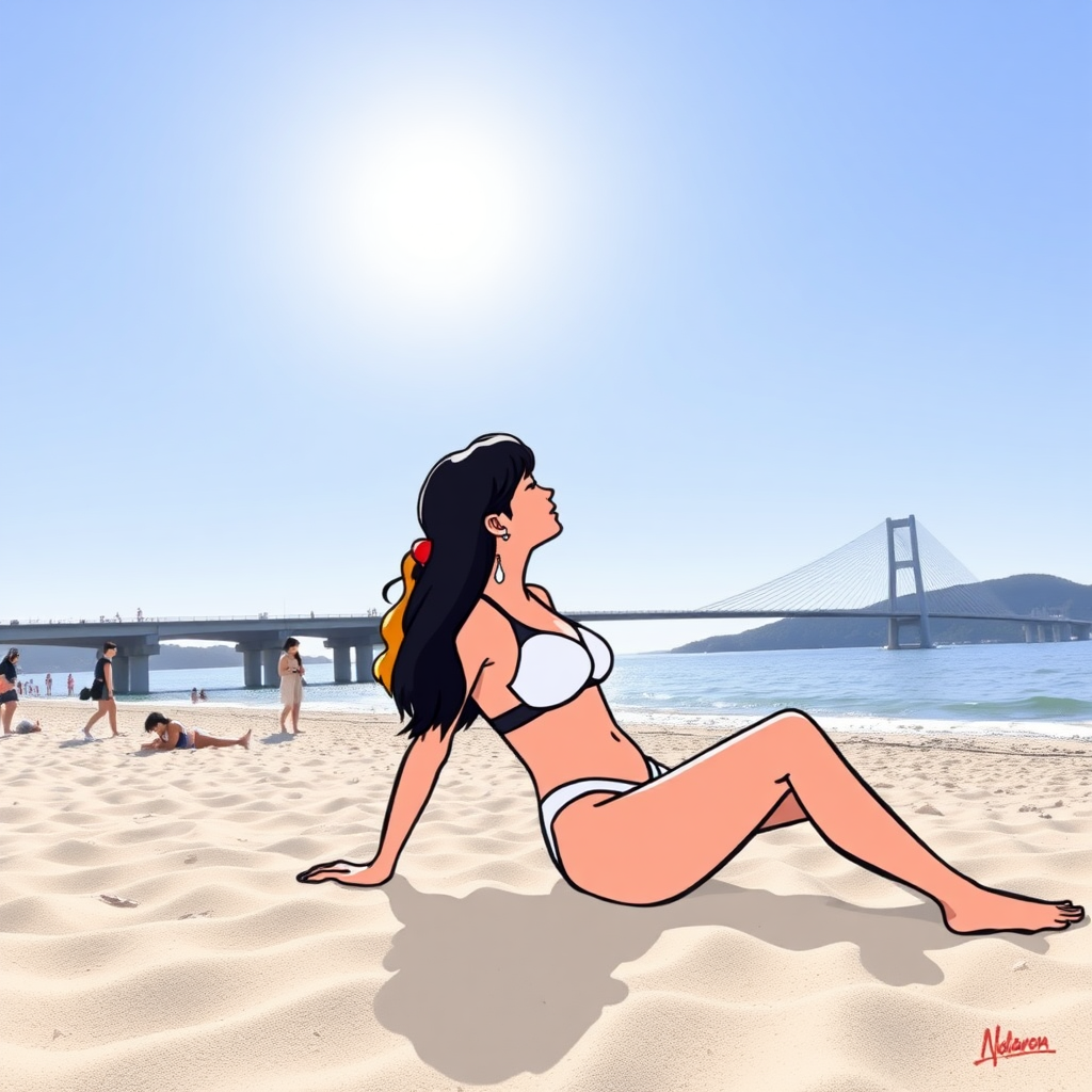 Please draw a Korean woman in a white bikini enjoying sunbathing on Gwangalli Beach with the Gwangandaegyo Bridge in the background.