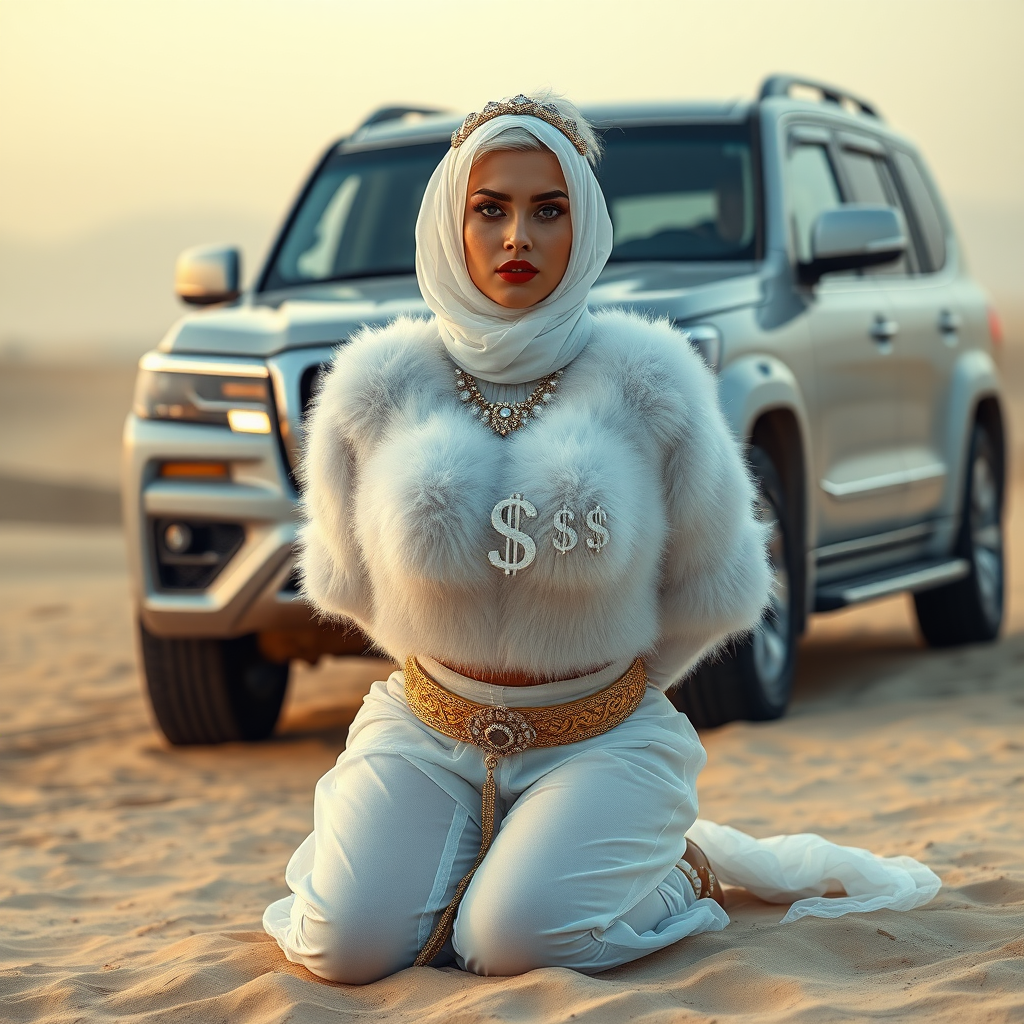 Kuwait desert dunes misty dawn, full size luxury SUV: Melissa, European 17 years old very convincing femboy “trophy-bimbo”, tamed servile docile, very beautiful feminine flawless face, rather short, by hormones very curvaceous womanly figured, platinum blond short tight curls, bold red lips, heavily made-up face, wearing Supertanya-style fluffy very fuzzy bright white angora turtleneck-poncho cropped ending under bust decorated with pearls and gemstones, striking oriental wide gold bridal protection belt, white fully transparent harem pants, full Oriental bridal jewelry including headpiece, white transparent Burka face veil covering noose and mouth, coin anklets, striking diamond “$$$” letter brooch on left chest, pout frustrated, hands tied behind back, kneeling in sand in front of SUV, looking at camera. Focus on face and turtleneck-poncho.