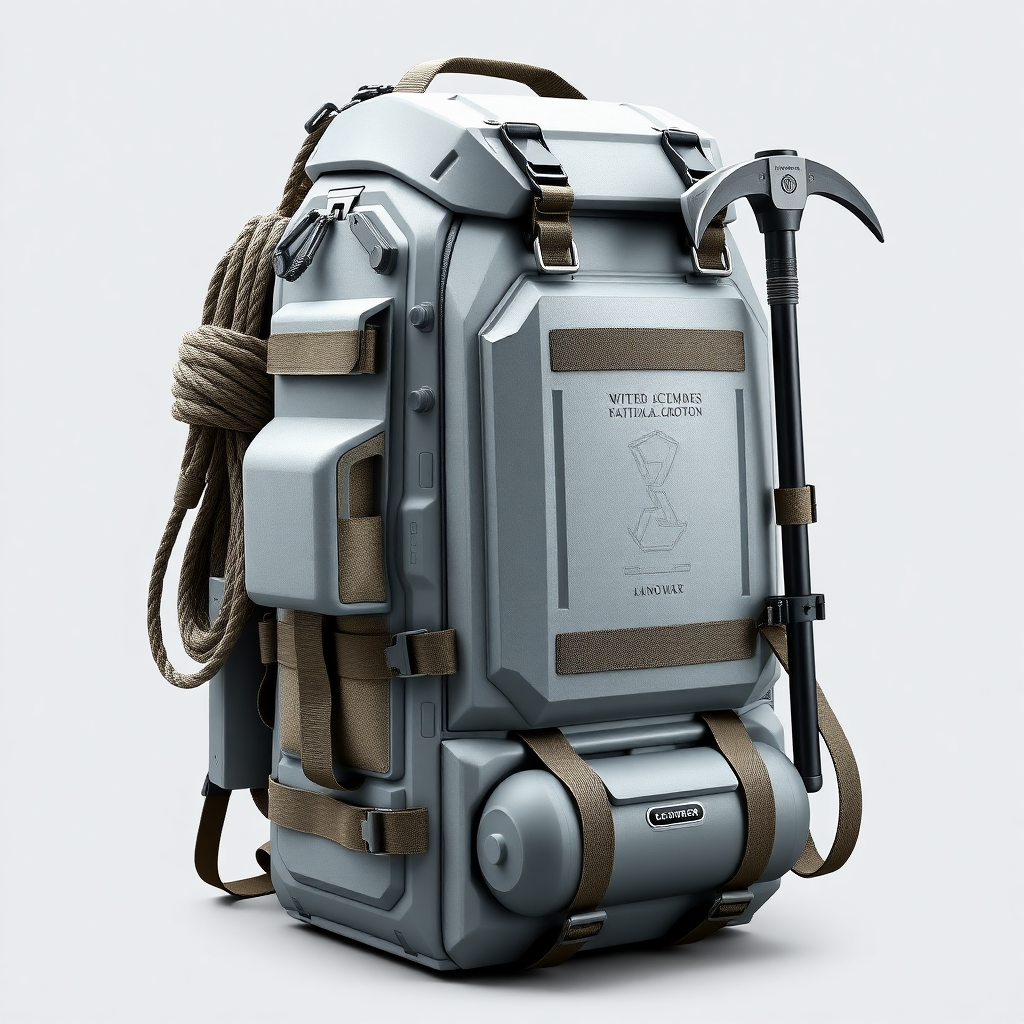 This is an armored light gray backpack designed for extreme conditions and tactical operations. Its base is made of durable, impact-resistant material, with clean geometric lines that emphasize its functionality. Tactical pockets and fastenings are located all over the surface, giving the backpack a high-tech, battle-ready look.

On the left side, a reliable rope is coiled, carefully secured with a carabiner, hinting at readiness for any kind of rescue operations or difficult climbs. On the right, an ice ax is attached - a powerful tool, secured in a way that can be quickly removed at the right moment. At the bottom of the backpack, an oxygen tank is fastened with strong straps, as if for mountain climbing or survival in thin air. All elements are harmoniously combined with the armored surface, creating the image of a backpack that not only protects equipment, but also becomes an essential tool in an emergency.

This backpack concept conveys a sense of reliability, strength and complete readiness for extreme adventures, where every element has a practical meaning and complements the overall style.