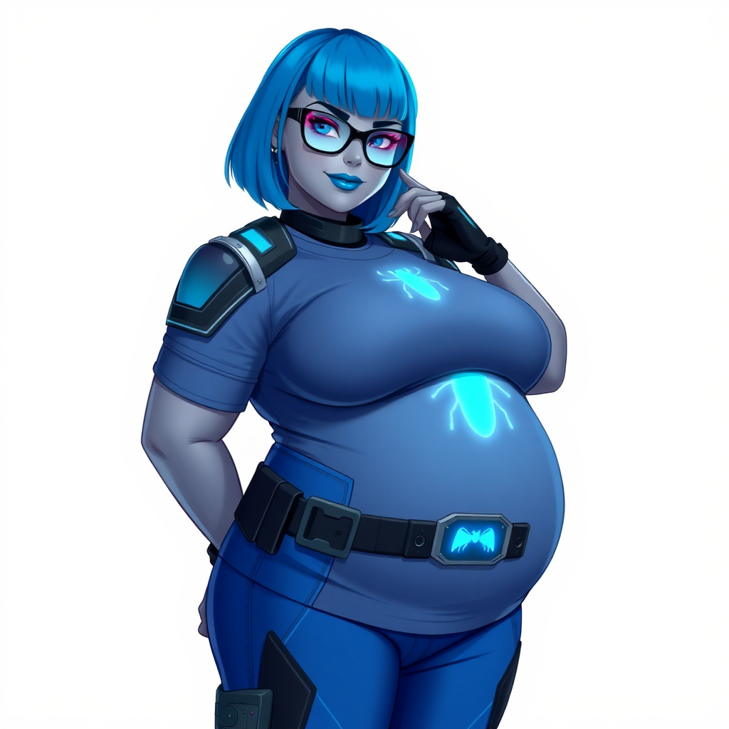 A 28-year-old, full-figured, middle gray skinned computer program hybrid with a maximum blue bob cut. She has a non-athletic build, highlighted by a prominent, round, large midsection (with heavy emphasis on her large belly). As the full-figured digital sidekick to her cyberpunk vigilante boyfriend, her middle gray metallic skin and maximum blue lipstick emphasize her digital nature. She wears a digital, computerized costume inspired by DC’s Carrie Kelly Robin, consisting of a huge, tight-fitting, maximum blue t-shirt with a neon blue glowing chest icon of a beetle, hi-tech shoulder pads with neon blue accents, a black hi-tech belt with a digital neon blue glowing buckle, digital maximum blue pants with neon blue accents, and black hi-tech fingerless biker gloves with neon blue glowing accents. Her bright blue eyes, black eyeglasses with a neon blue glowing HUD built into the lenses, and shy smile with neon red blush accentuate her nerdiness. She stands bashfully with one hand behind her back and the other hand gently touching her cheek, her costume covering all her skin and emphasizing her full-figured physique (especially her belly). She is clearly non-athletic, with a heavy focus on her large belly. Despite her build, she radiates beauty. She has a slim face compared to her physique, accentuating her radiant beauty. She is on a solid white background. She is drawn as if she were in a retro 2D cyberpunk fighting game.