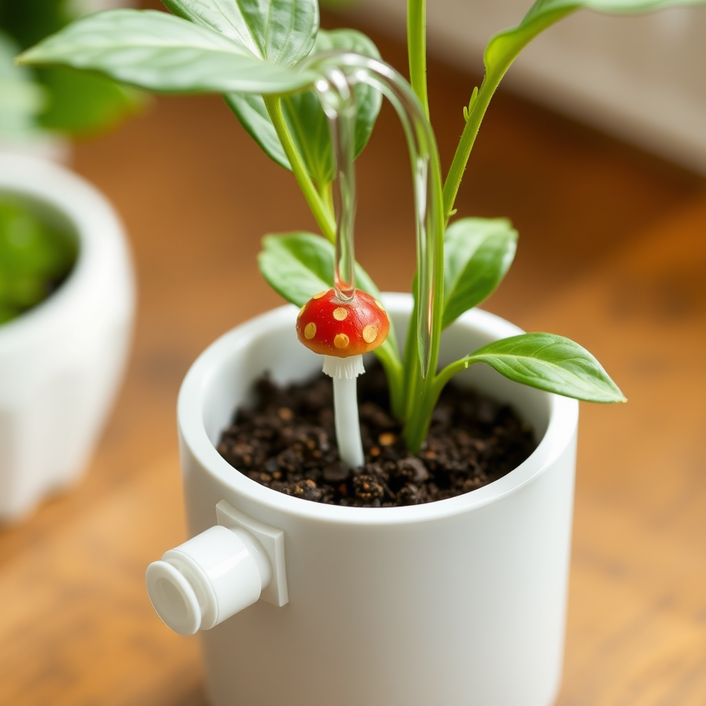 A small mushroom-like structure inserted into a plant pot. The mushroom head has red with yellow spots. Water flows through a thin pipe from a hidden water tank below the pot, through the pot, and into the mushroom, evenly watering the plant's soil. The water tank holds 2-5 liters and the system is compact, minimalistic, and designed for small indoor plants. The overall design is clean and functional, with the mushroom dispersing water across the plant efficiently.