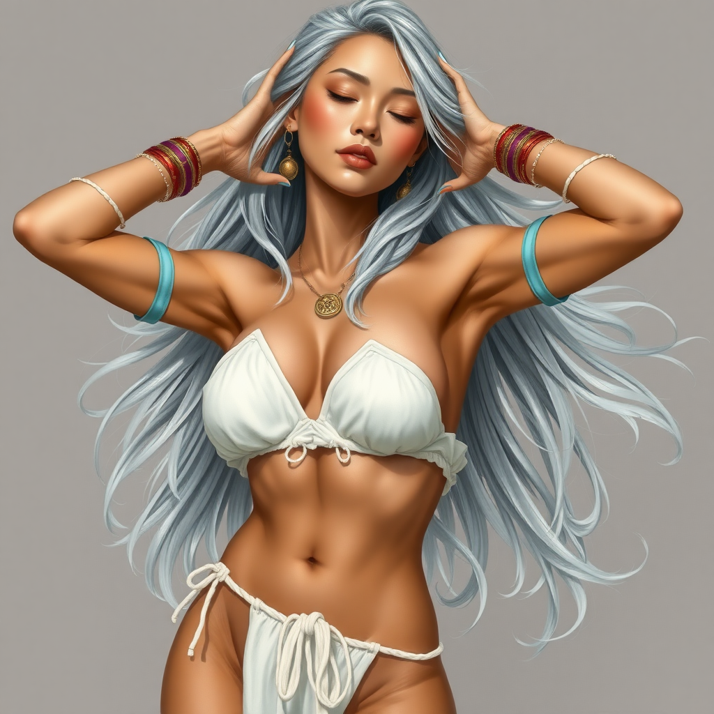 Girl, toned and muscular and has abs. Silvery flowing hair. Her fingers and toenails are painted sky-blue. Her attire consists of a white primitive scant revealing two-piece bikini-like outfit with pale red, sky-blue, gold and purple bands on her neck, arms, wrists, shins, and ankles. Tan skin. Asian face. Tilted sexy exaggerated pose. Hands on head, exposing armpits. Fantasy painting high contrast, well-drawn, highly detailed, and beautiful rendering. Eyes closed.