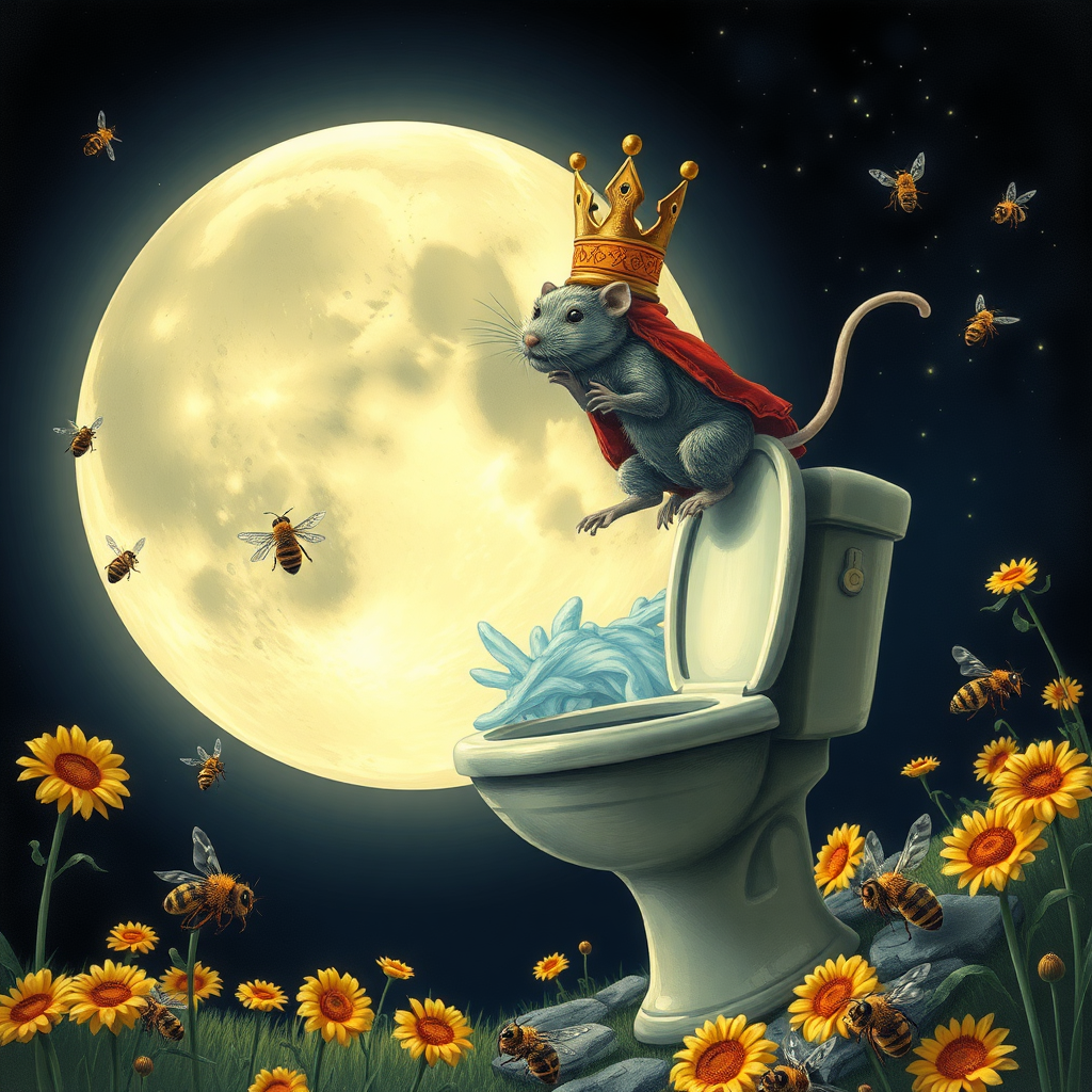 A rat king diving off the moon into a toilet, bees, Mongolian 