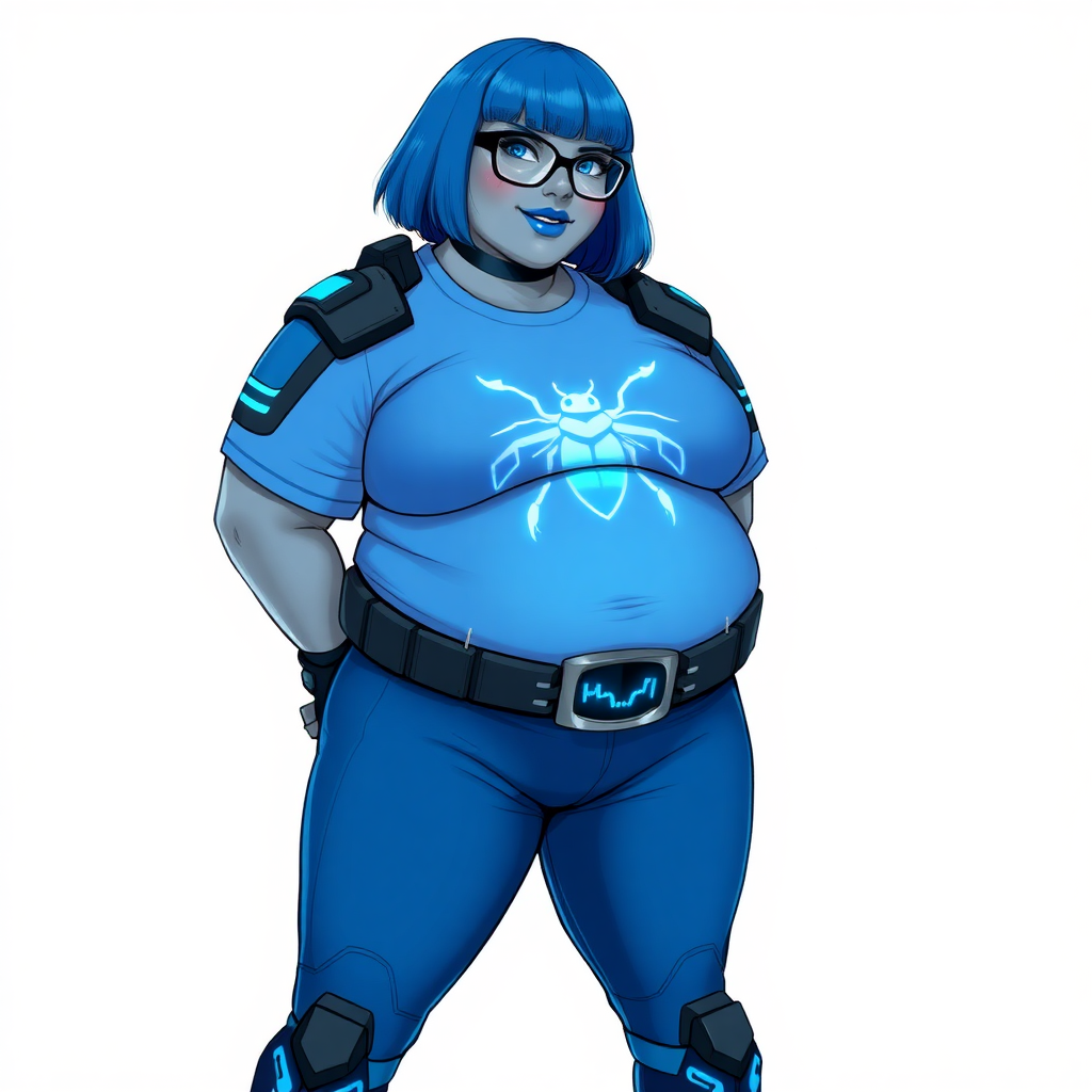 A 28-year-old, full-figured, middle gray skinned computer program hybrid with a maximum blue bob cut. She has a non-athletic build, highlighted by a prominent, round, large midsection (with heavy emphasis on her large belly). As the full-figured digital sidekick to her cyberpunk vigilante boyfriend, her middle gray metallic skin and maximum blue lipstick emphasize her digital nature. She wears a digital, computerized costume inspired by DC’s Carrie Kelly Robin, consisting of a huge, tight-fitting, maximum blue t-shirt with a neon blue glowing chest icon of a beetle, hi-tech shoulder pads with neon blue accents, a black hi-tech belt with a digital neon blue glowing buckle, digital maximum blue pants with neon blue accents, and black hi-tech fingerless biker gloves with neon blue glowing accents. Her neon blue glowing eyes, black eyeglasses with a neon blue glowing HUD built into the lenses, and shy smile with neon red blush accentuate her nerdiness. She stands bashfully with one hand behind her back and the other hand gently touching her cheek, her costume covering all her skin and emphasizing her full-figured physique (especially her belly). She is clearly non-athletic, with a heavy focus on her large belly. Despite her build, she radiates beauty. She has a slim face compared to her physique, accentuating her radiant beauty. She is on a solid white background. She is drawn as if she were in a retro 2D cyberpunk fighting game.