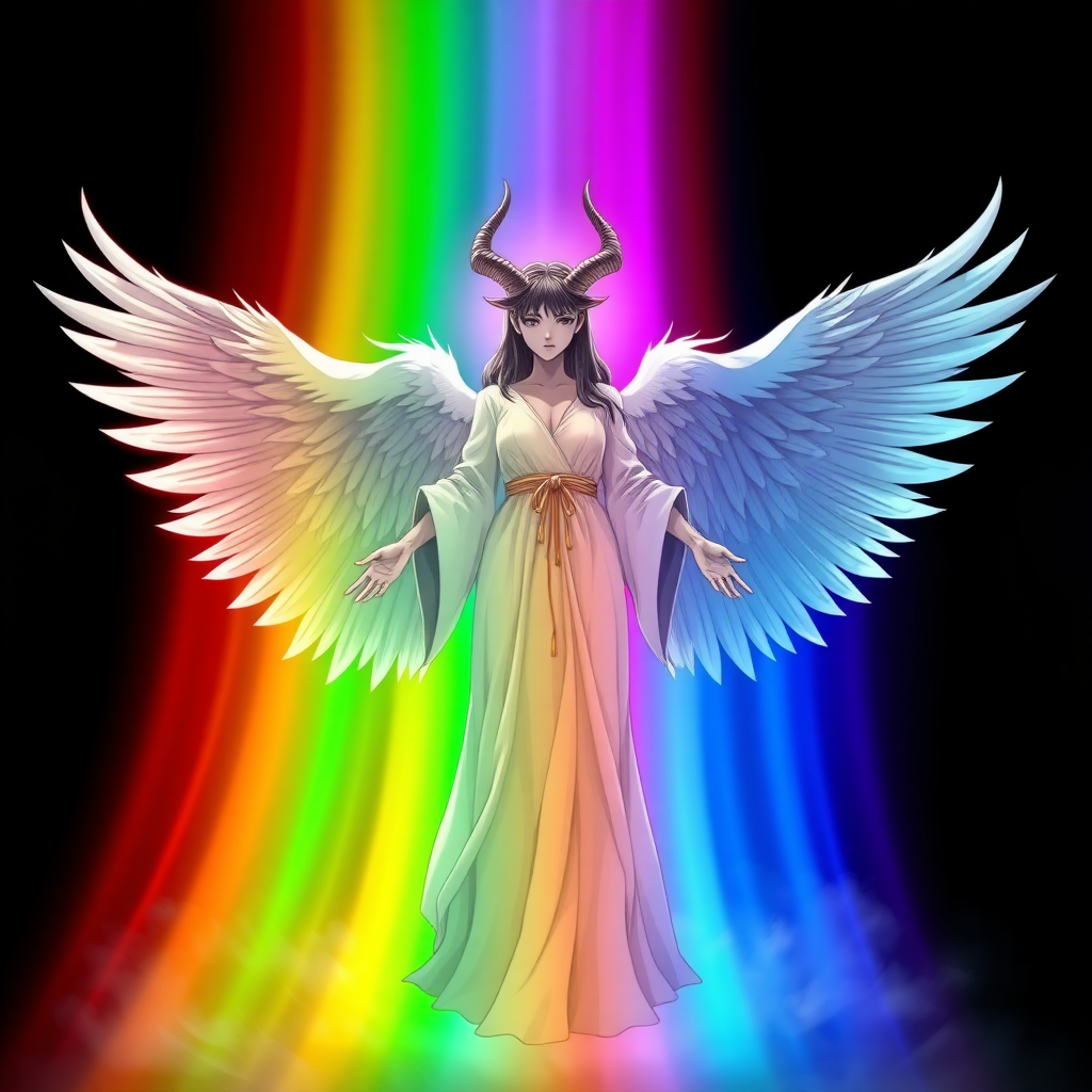 (Anime-styled art) Set against a black backdrop, a radiant, rainbow-like barrier shimmers with vibrant colors. At its center stands a plain faceless (No face faceless), powerful, godlike woman with an very unsettling yet angelic presence. Two goat-like horns curve from her head, adding to her eerie aura. Four massive angelic wings extend from her back, their feathers glowing softly. She wears flowing white robes that ripple with divine energy, and her outstretched hands seem to command an otherworldly force. Both mesmerizing and terrifying, her ethereal form exudes a balance of beauty and dread.