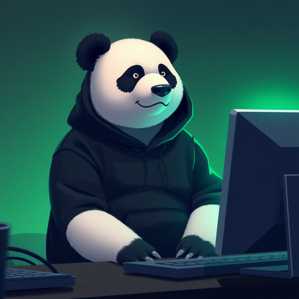 A panda bear sitting in front of a computer wearing a black hoodie. Green light emanating from the computer screen.