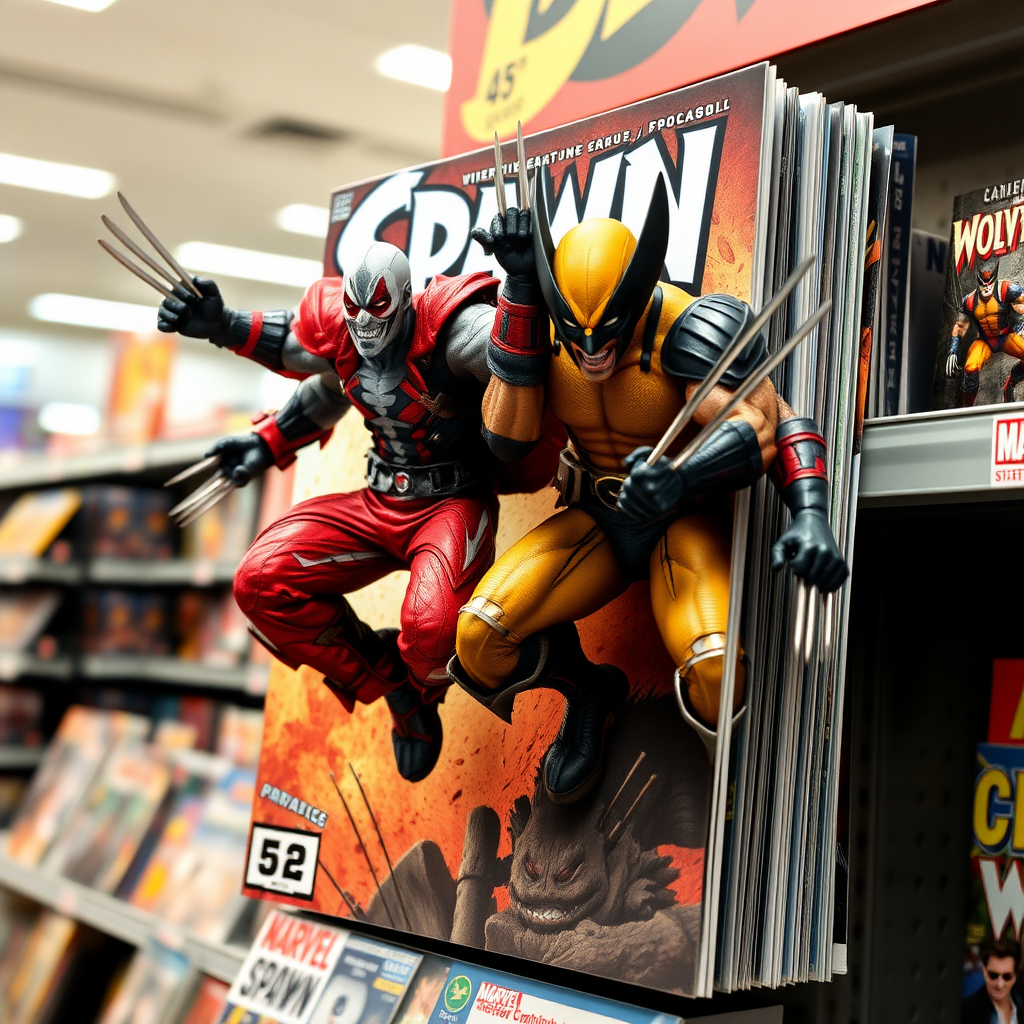 Jumping out of a Comic book cover on a store shelf is Spawn and Wolverine in Cinematic Real3D photo-realistic quality.