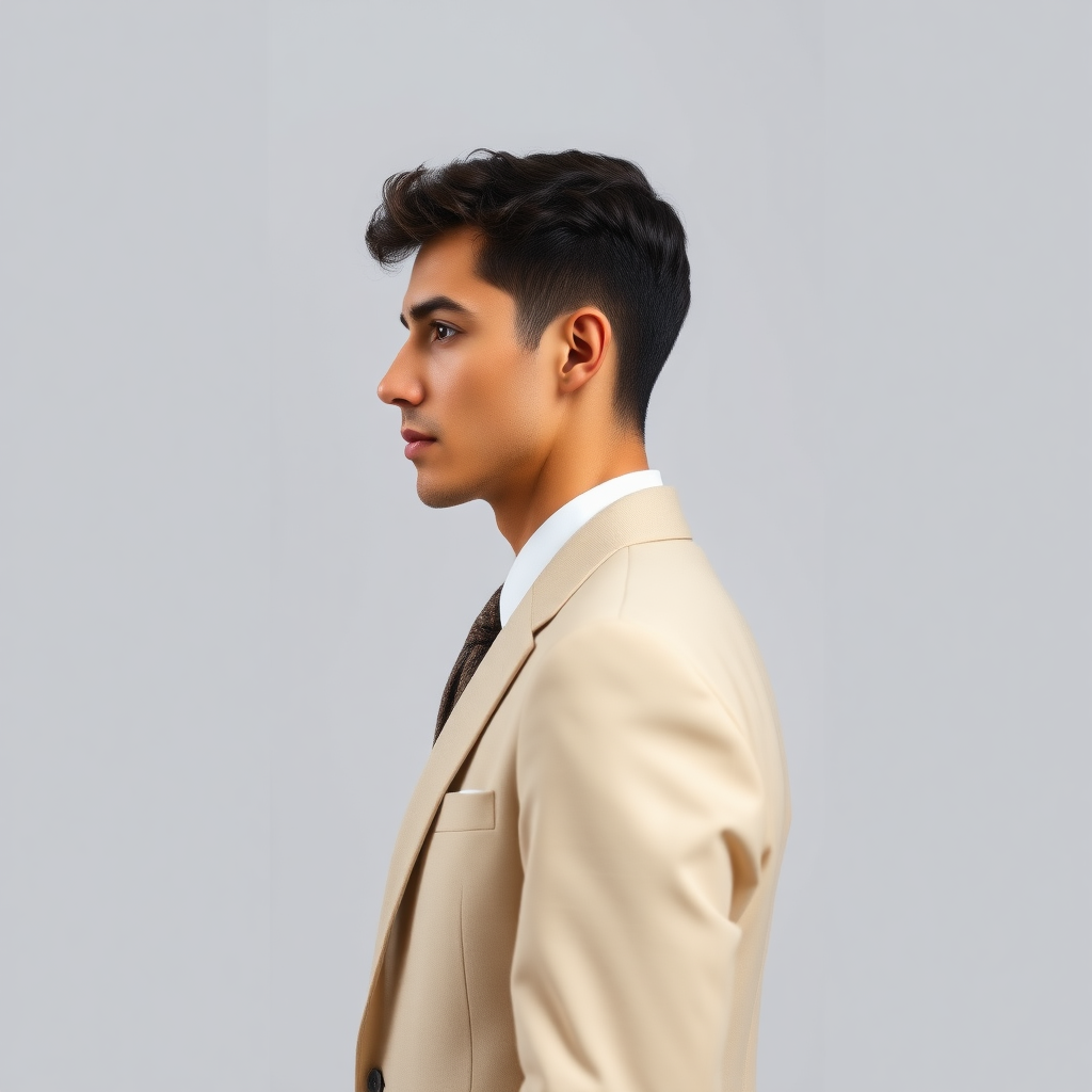 Tall model man in profile, dressed in a light elegant suit, patent leather shoes, very short fine curly hair, oval face, small nose, brown eyes, thin lips, normal attached ears, slight double chin, Mediterranean complexion, very thin brown eyebrows.