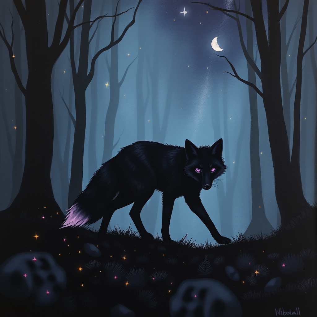 A minimalistic oil painting of a black fox with deep purple eyes and tail tip, the fox is walking through a misty dark forest at night with fireflies, stars, trees, fog, and more.