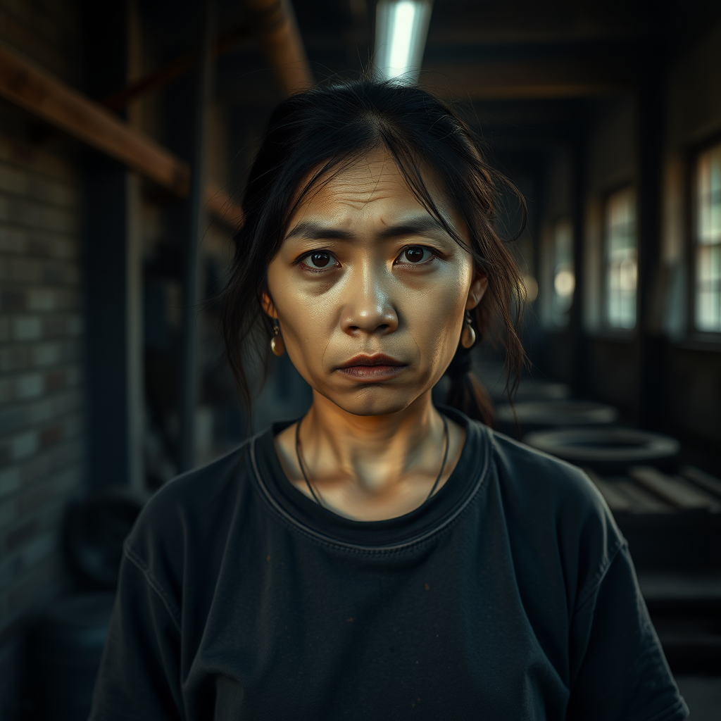 A very sad and hungry young Mongol woman with a very old T-shirt in a very dark, old, and mysterious factory.