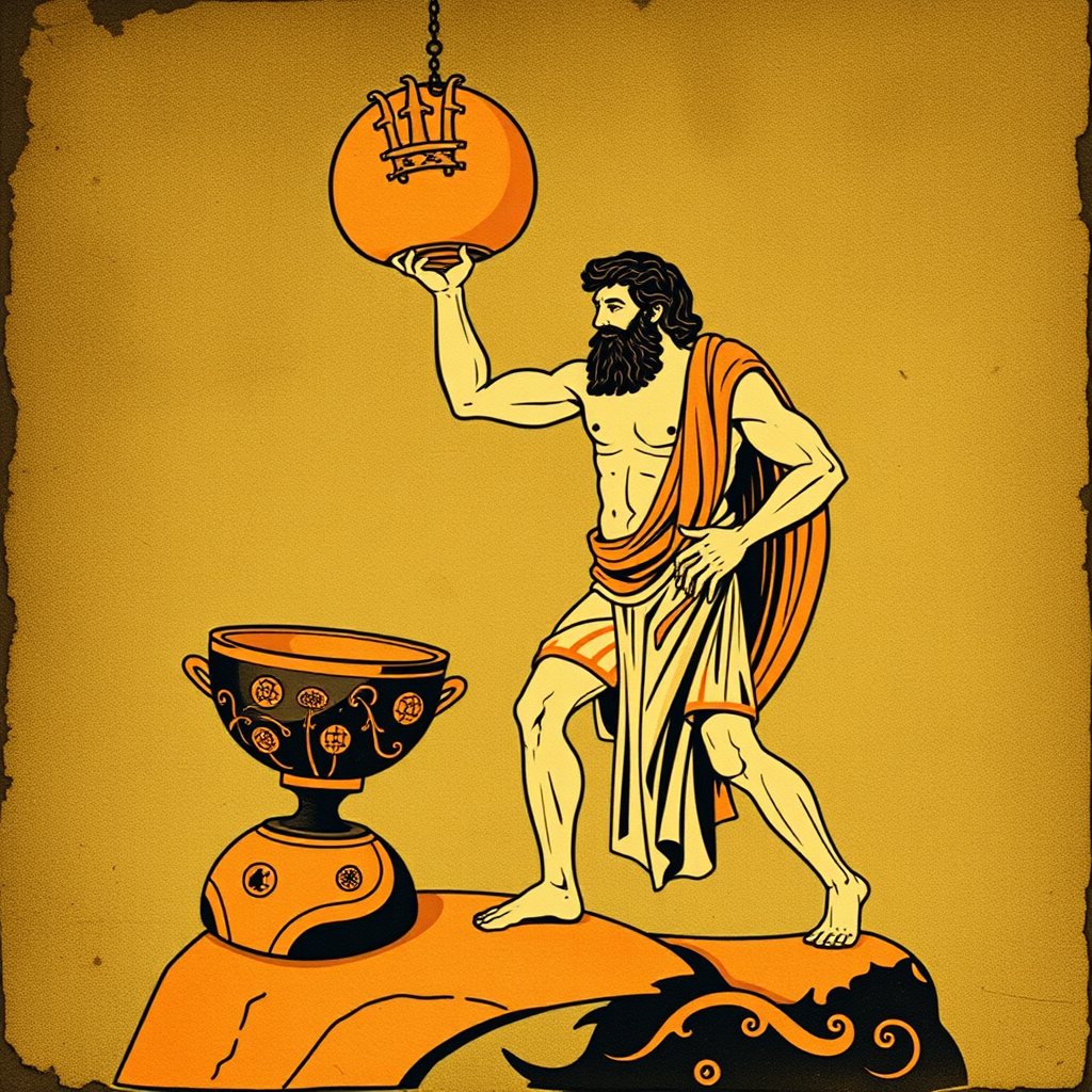 Sisyphus when he was still the King of Corinth before he was punished by Zeus. In a style of old Greek Mythology vase paintings