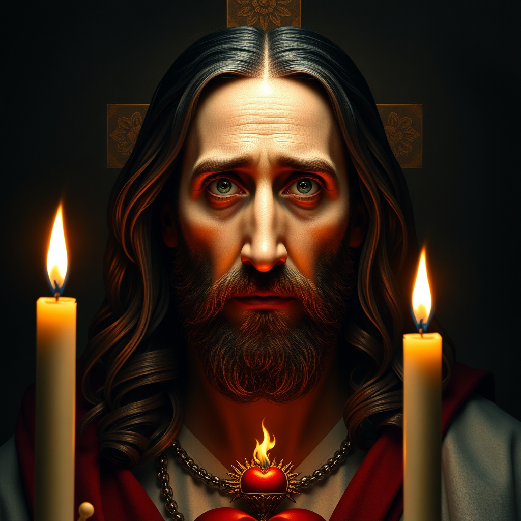 Nicholas Cage face as Jesus on the sacred heart of Jesus Valadares candle