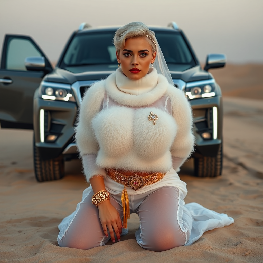 Kuwait desert dunes misty dawn, full size luxury SUV: Melissa, European 17 years old very convincing femboy “trophy-bimbo”, tamed servile docile, very beautiful feminine flawless face, rather short, by hormones very curvaceous womanly figured, platinum blond short tight curls, bold red lips, heavily made-up face, wearing Supertanya-style fluffy very fuzzy bright white angora turtleneck-poncho cropped ending under bust decorated with pearls and gemstones, striking oriental wide gold bridal protection belt, white fully transparent harem pants, full Oriental bridal jewelry including headpiece, face partly covered by white transparent harem-style face veil, coin anklets, striking diamond “$$$” letter brooch on left chest, pout frustrated, hands tied behind back, kneeling in sand in front of SUV, looking at camera. Focus on face and turtleneck-poncho.