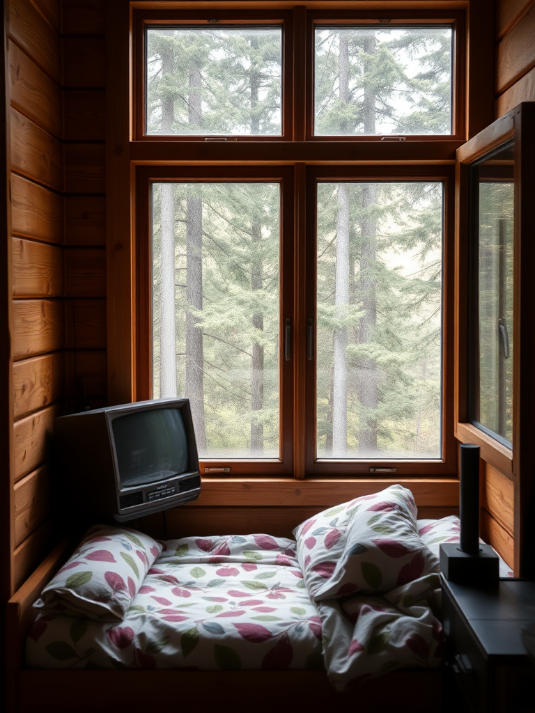 Window, wooden small bed, leaf-patterned bedding, vintage television, small stove, view of the forest outside the window, real, reality.