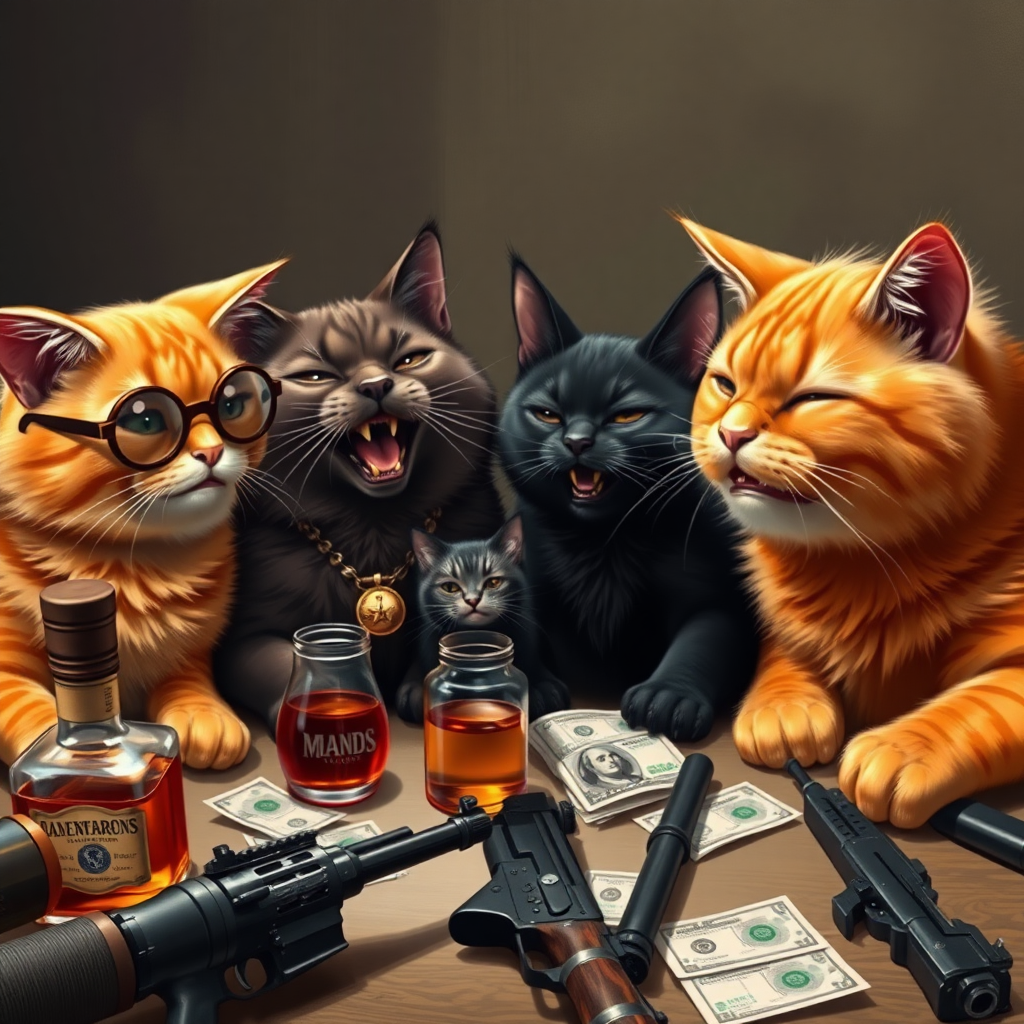 4 cats, a brown one with round half-glasses, a dark brown one with a necklace and gold teeth, a small black one with earrings, and an orange one with a big mustache all laughing together around a table with alcohol, bills, and realistic weapons.