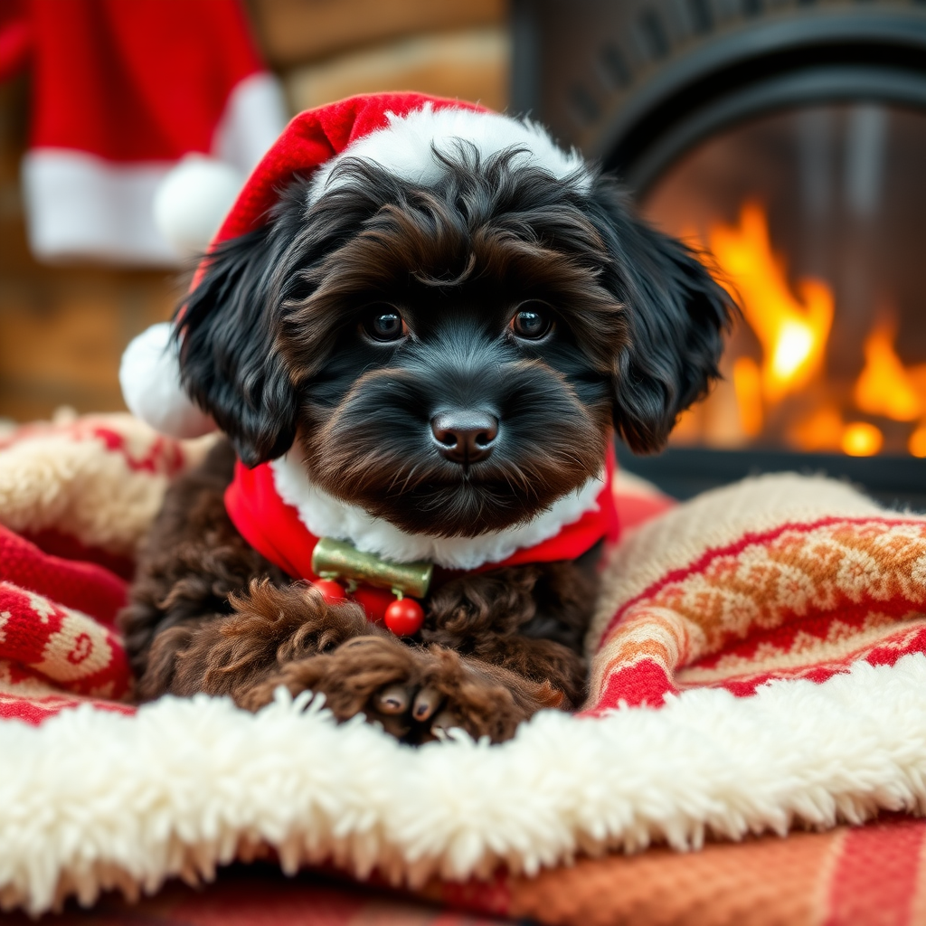 cute large dark chocolate colored cockapoo, with Santa Claus, laying on super soft blankets, with a Christmas outfit, next to a roaring fireplace