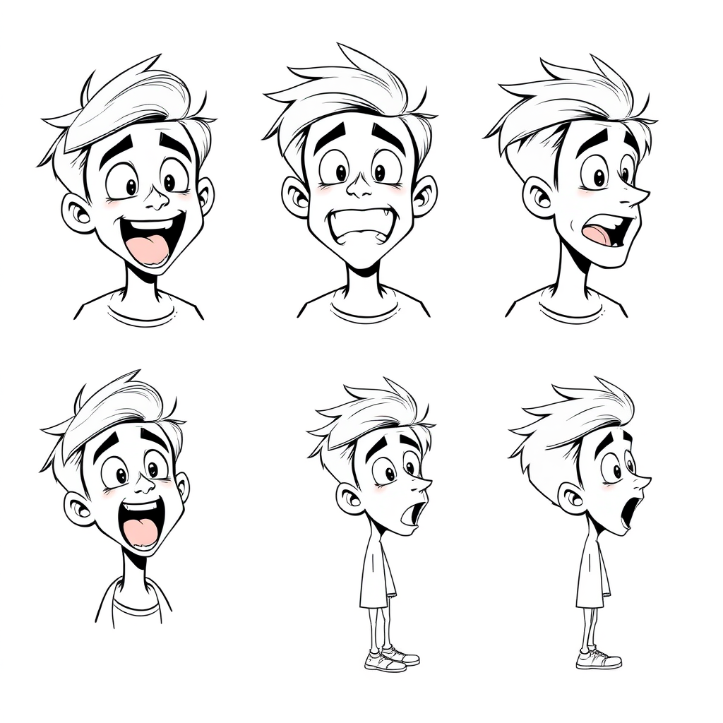 multiple views with progression, character design sheet, short, excited, smiling, amazed, open mouth, sweating, 15 year old european boy, drooling, detailed features, long establishing shot, 2D, caricature, cartoon, Sketch lines, coloring book, coloring book style on white background, well composed, clean coloring book page, No dither, no gradient, strong outline, No fill, No solids, vector illustration, side view, vector illustration, empty space around each view, movement lines