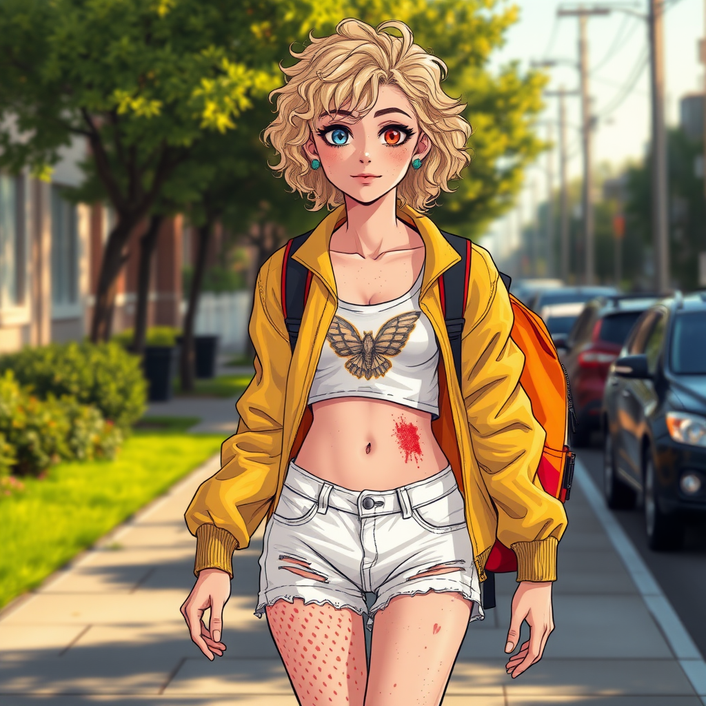 Realistic drawing style image, Extremely good quality 8k resolution drawn manga image of a 15 year old petite and short tomboy girl with golden blonde curly hair with mixed and different colored eyes for each eye and moles on her entire body and is a white American girl, Has on a Gold Jacket over a white extremely short crop top only covering her breasts and nothing more with a design on it, and has on ripped shorts and cool looking sneakers and a deep and big knife cut wound on her stomach from a huge injury she had, with a bright color backpack, ear piercings on, walking on the street to school in the morning with the beautiful sunlight lighting up her body beautifully with no tattoos.