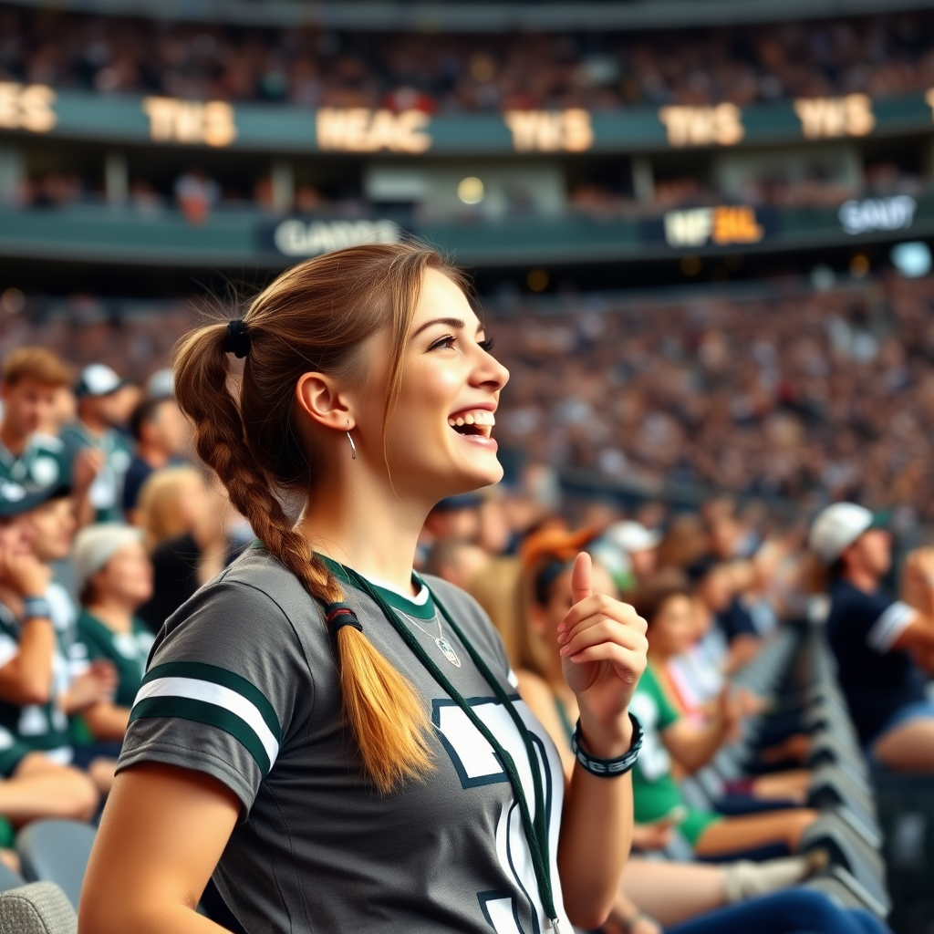 Attractive female NFL fan, pigtail hair, cheering, at crowded stadium bleacher row, rejoicing