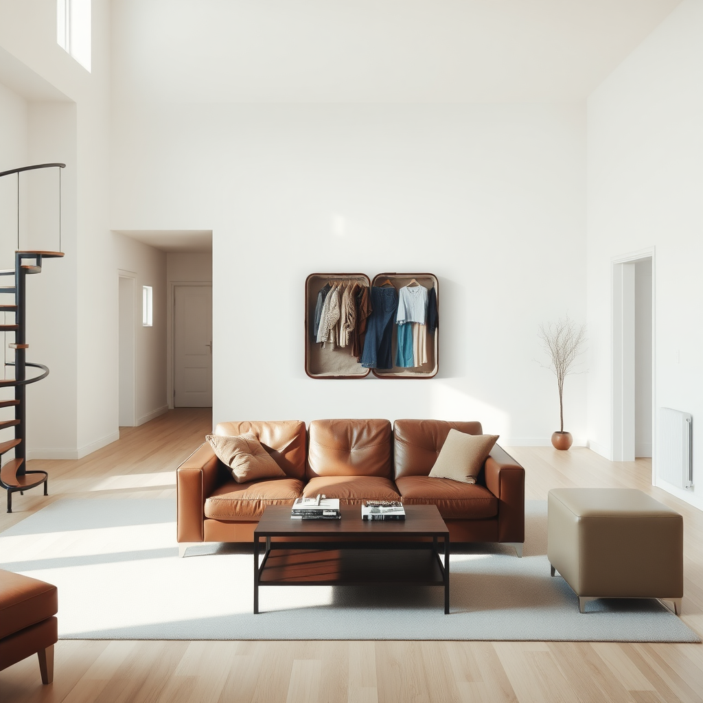 Commercial photography, surrealistic indoor landscape, generate a bag photography image. The scene is a spacious duplex apartment living room, with a warm white tone throughout. In the center of the living room is a genuine leather sofa and a coffee table. To the left of the living room is a spiral staircase. The sofa is placed in the exact center of the room, facing a large blank wall in the distance, where there is an oversized open standing suitcase. The suitcase is stacked with various clothes and pants, and natural light pours in. Tags: 8k, realism.