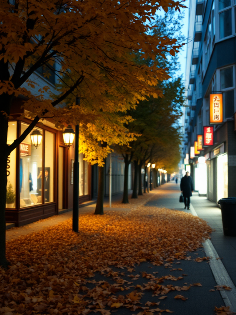 autumn street. Camera: the general plan, smooth camera impact on the character. --ar 9:16 --style raw --stylize 300 --v 6.1