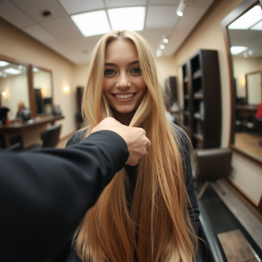 POV, beautiful very long haired blonde woman sitting in a hair salon smiling at the camera while I reach out from behind the camera to trim her very long hair.