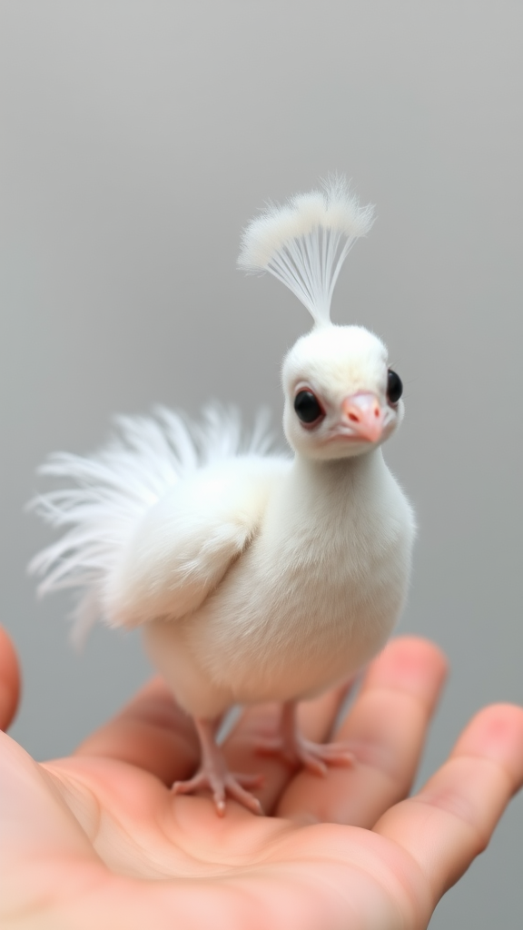 A small tiny cute chubby big eyes big perfect tail real white dancing peacock with tail on hand