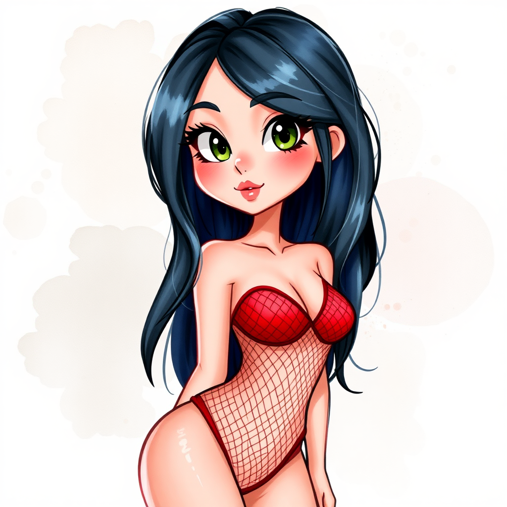 digital watercolor painting illustration of sexy cartoon girl in mesh leotard