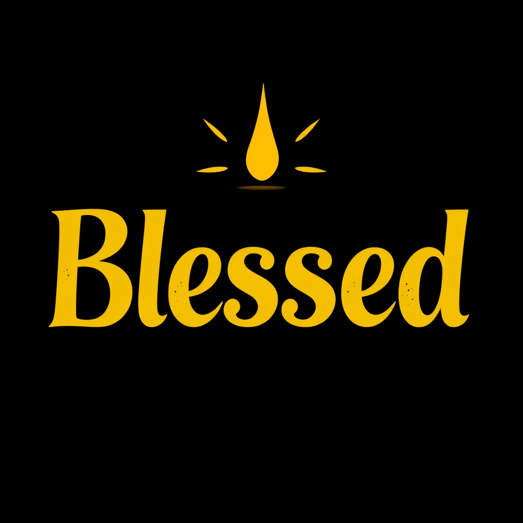 "Blessed" with a sharp fort on a black background and with font.