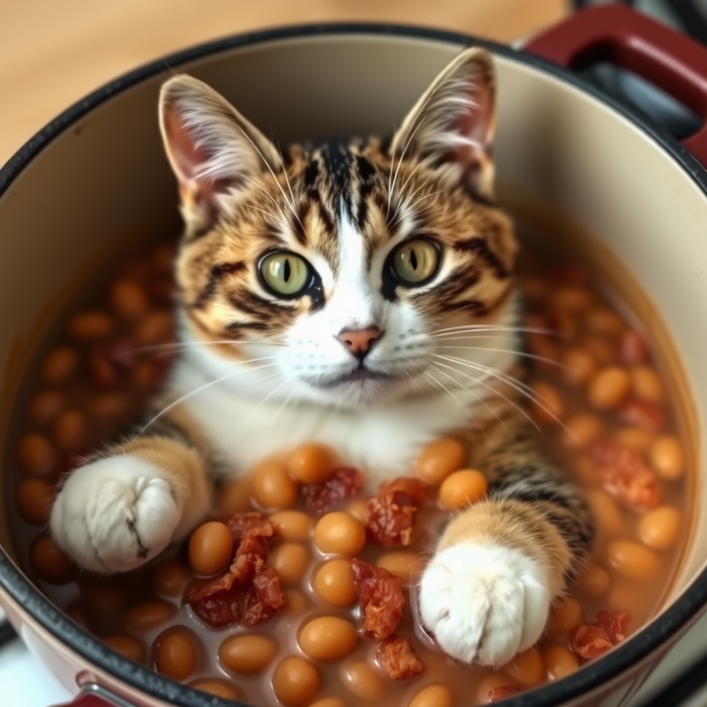 Cat in a pot with beans and bacon.