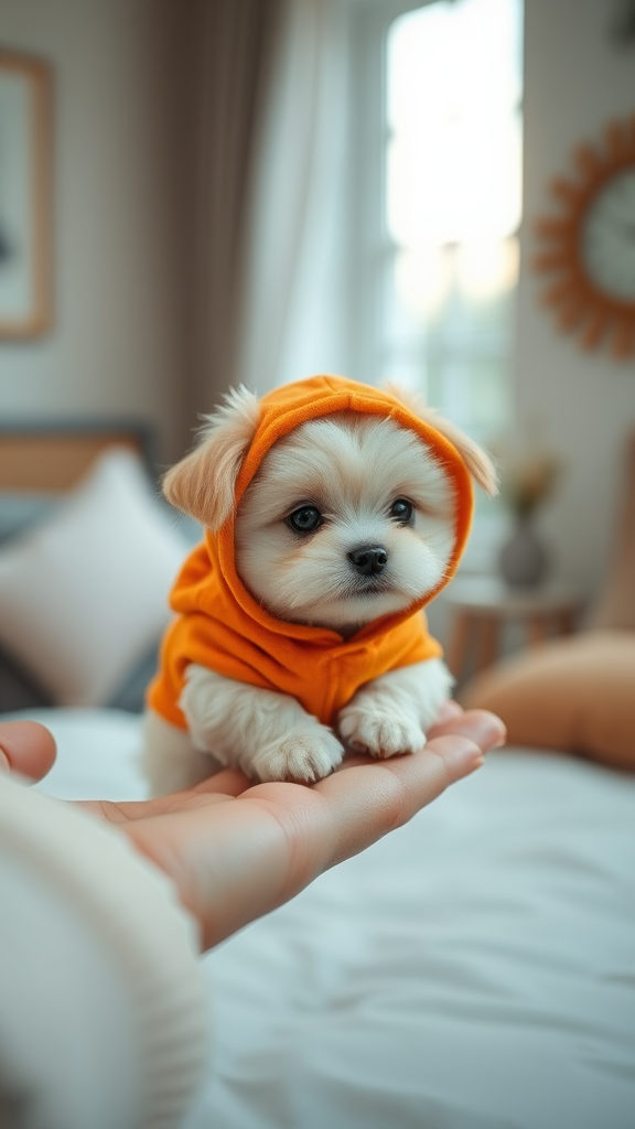 For creating a prompt to generate an image like the one you've uploaded, here's a detailed prompt for the tiny puppy:

Prompt for Art Generation: "Create an ultra-realistic, high-definition image of a miniature fluffy puppy. The puppy should be incredibly small, fitting perfectly in a person's fingertips. It should have soft, cream-colored fur with big, round, expressive black eyes. The puppy is wearing an orange hoodie, giving it an extra cute and cozy look. The setting should be a soft, cozy bedroom with a neutral palette, blurred in the background to highlight the adorable tiny puppy. Ensure the image captures the puppy’s cuteness and the softness of the setting, with soft lighting coming through a large window in the background."