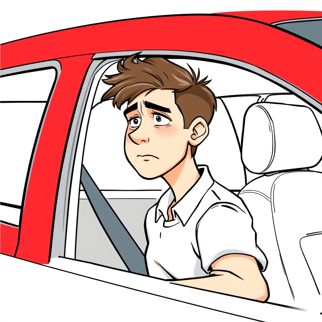 short, uneased, sweating, 17 year old european boy, detailed features, sitting inside a red VW Polo III long establishing shot, 2D, caricature, cartoon, Sketch lines, coloring book, coloring book style on white background, well composed, clean coloring book page, No dither, no gradient, strong outline, No fill, No solids, vector illustration, side view, vector illustration, movement lines