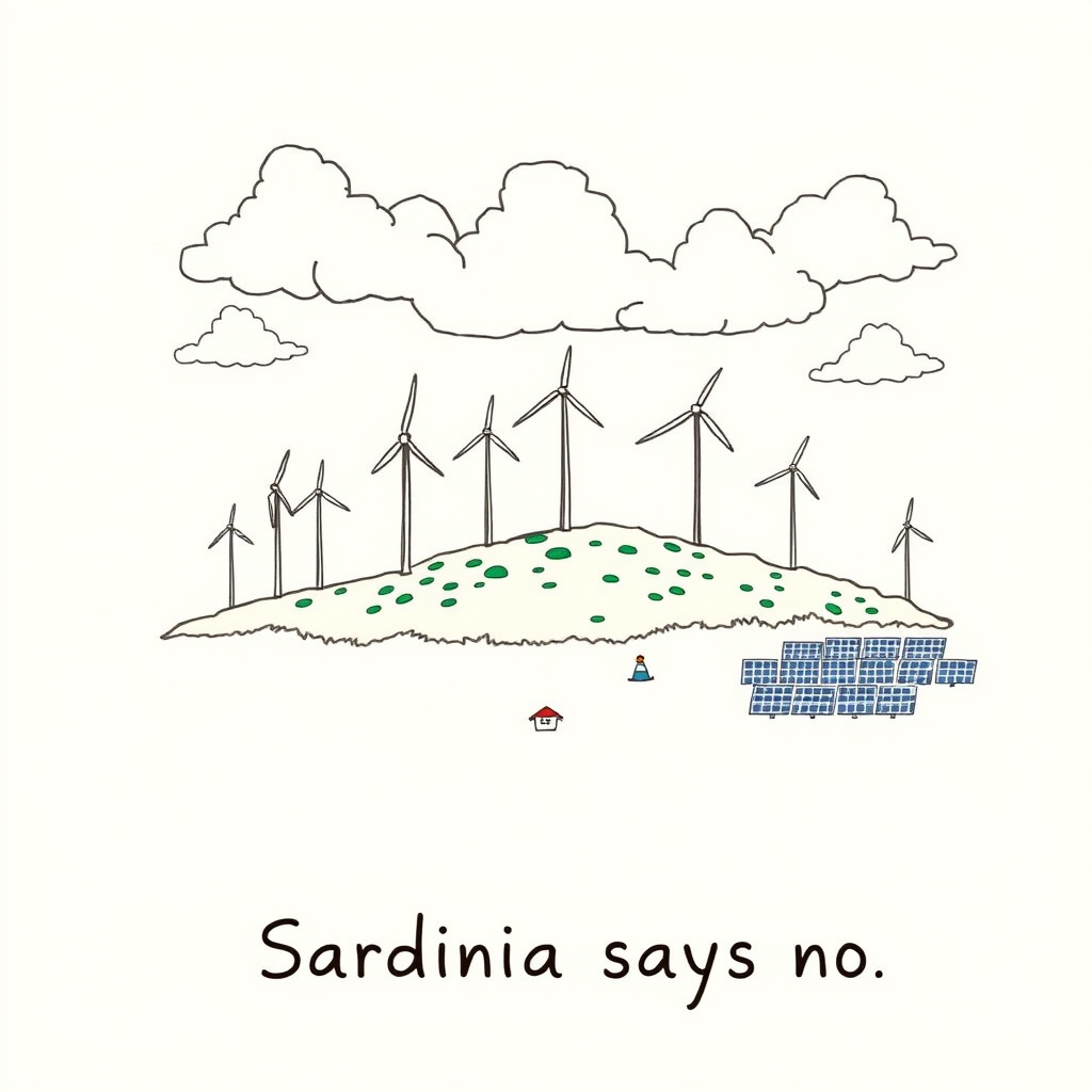 I depict Sardinia, showing it being overwhelmed by enormous wind turbines and photovoltaic panels. The style is a minimalist colored drawing, text "Sardinia says no."