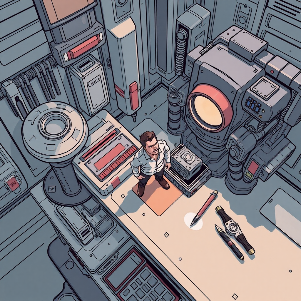 Stylized sci-fi digital drawing. High view angle. Small man standing on table near a set of futuristic tools that's look huge compared to him. Looking up at the viewer with arrogance.