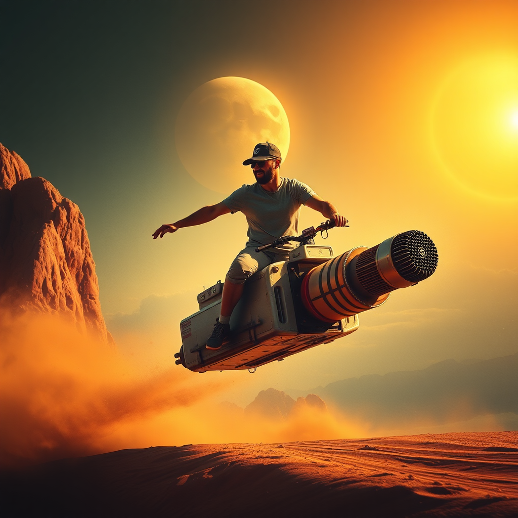 a SCI-FI film poster, the man in cell t-shirt ride on cigarret pack that fly streith to the sun, 4k, HDR