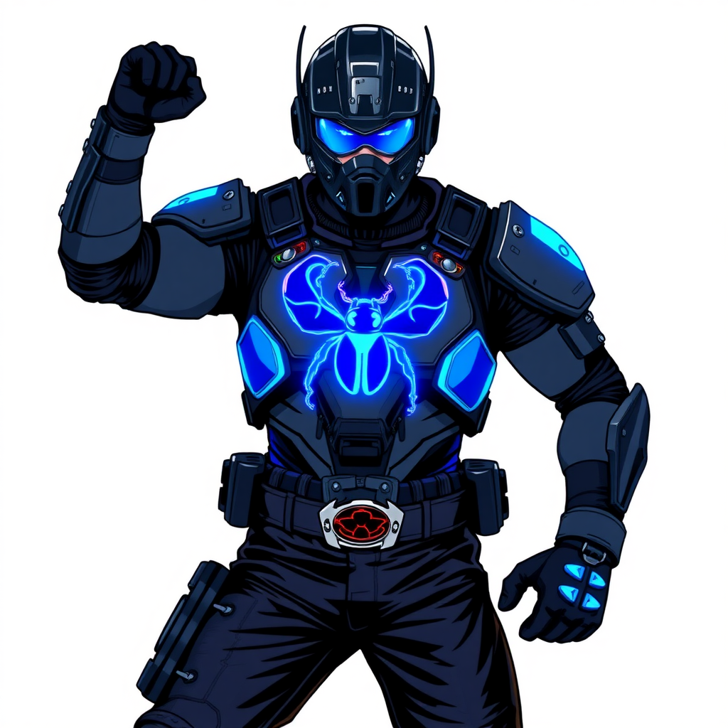 A young adult cyberpunk vigilante stands heroically, clad in high-tech, maximum blue body armor featuring a neon blue glowing beetle on the chest. They wear black biker pants, a black belt with a sapphire beetle buckle, and a helmet resembling Red Hood Jason Todd’s, but colored maximum blue with neon blue lenses. Their hands are protected by black metal gloves, all set against a solid white background. He is drawn as if he was in a retro 2D cyberpunk fighting game.