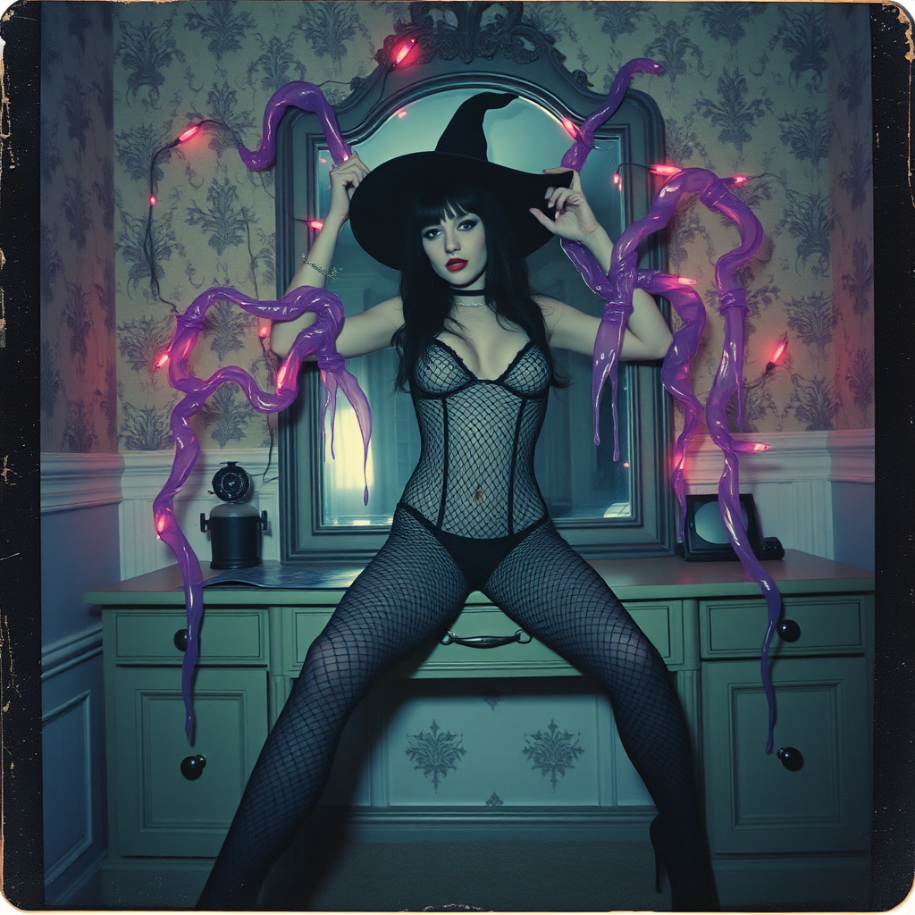 Scan of an nsfw old polaroid photograph with visible wear and heavy vignetting and blue color tint and light leaks, depicting a sexy pale curvy alt goth girl with black hair wearing skimpy fishnet black bodysuit and gstring revealing her nipples and wearing black stockings and high heels, sitting on a builtin vanity with mirror in old house with wallpaper on walls with her knees spread apart.  Camera flash used.  Dark lighting.  Moody and hazy.  Grunge look.  Erotic.  Nude. Pink Christmas Lights on wall.  She is wearing a witch hat and is being restrained by giant glowing translucent slimy jello like purple vines dripping goo coming from inside the mirror, wrapping tightly around her arms and legs and torso.  The vines are pulling her back towards the mirror.