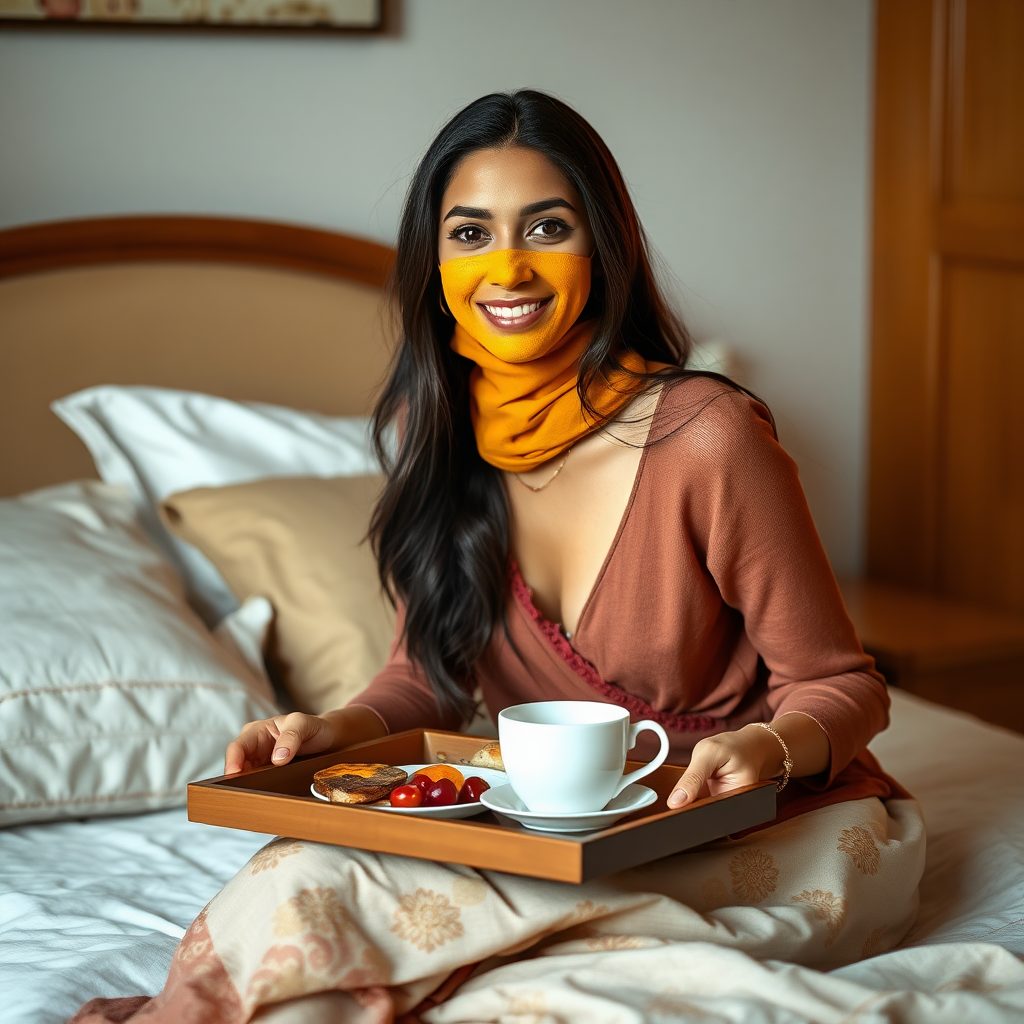 slim, 30 year old, sexy, indian wife, small face veil, turmeric face mask. She is smiling and serving breakfast on a tray on bedside table