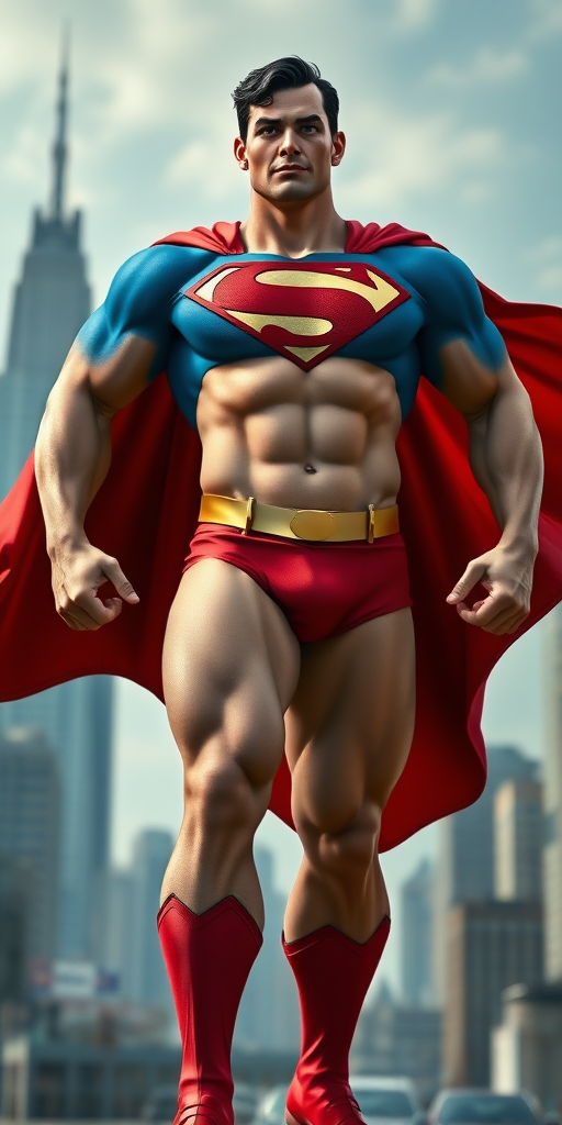 A photorealistic image of Superman, but with the bodily attributes of R Mika from Street Fighter. He stands in a heroic pose, radiating power, with his cape billowing behind him. His muscular build is exaggerated, with a broad chest, defined abs, and powerful legs. His face retains Superman's classic features, but his eyes hold a playful glint. The background is Metropolis, with the Daily Planet building in the distance, as a sign of his journalistic alter ego.