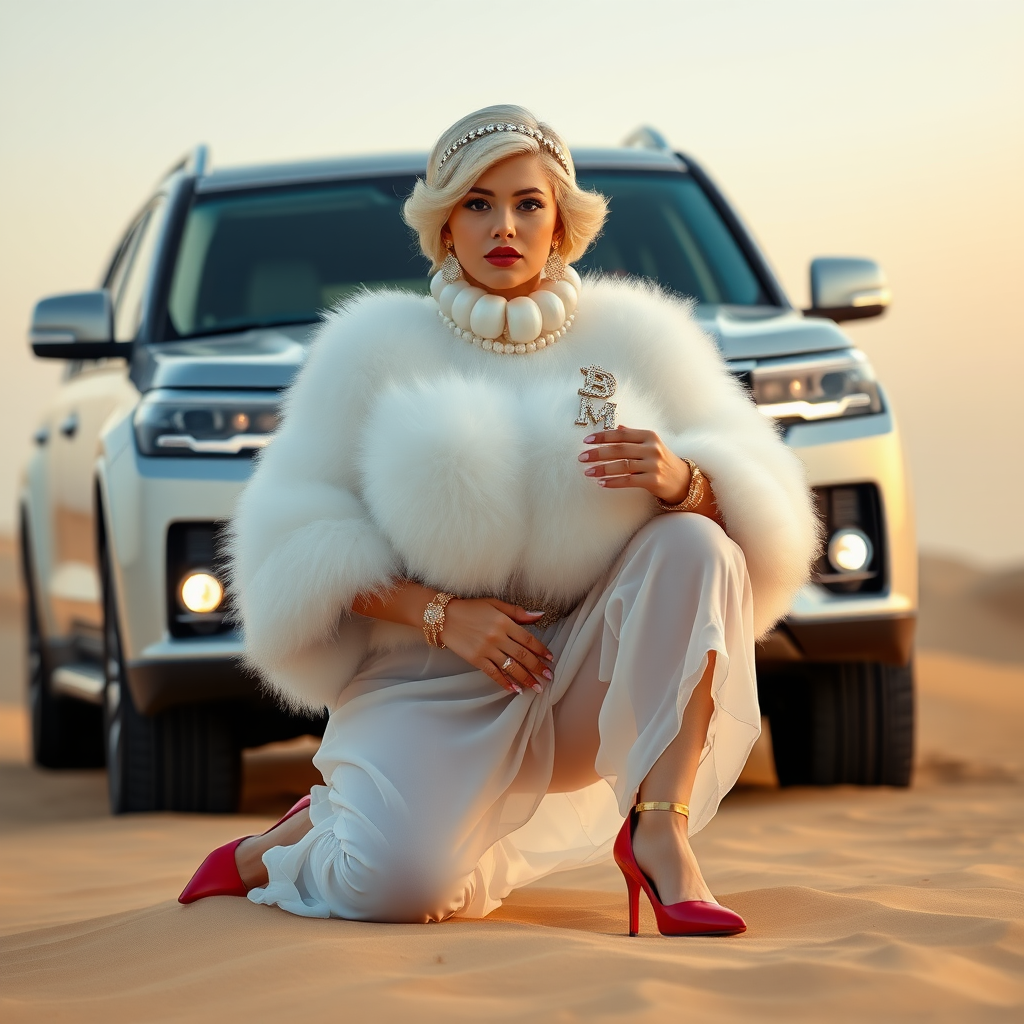 Kuwait desert dunes misty dawn, full size luxury SUV: Melissa, European 17 years old very convincing femboy “trophy-bimbo”, tamed servile docile, very beautiful feminine flawless face, rather short, by hormones very curvaceous womanly figured, platinum blond short tight curls, bold red lips, long white French nails, heavily made-up face, wearing Supertanya-style fluffy very fuzzy bright white angora turtleneck-poncho cropped ending under bust decorated with pearls and glass stones, striking oriental wide gold bridal protection belt, white fully transparent harem pants, bright red pumps with golden very high heels, full Oriental bridal jewelry including headpiece, nose-ring, coin wristlets, coin anklets, striking diamond “Bimbo” letter brooch on left chest, thick heavy pearl wristlets, pearl anklets, pout frustrated, kneeling in sand in front of SUV, looking at camera. Focus on face and turtleneck-poncho.