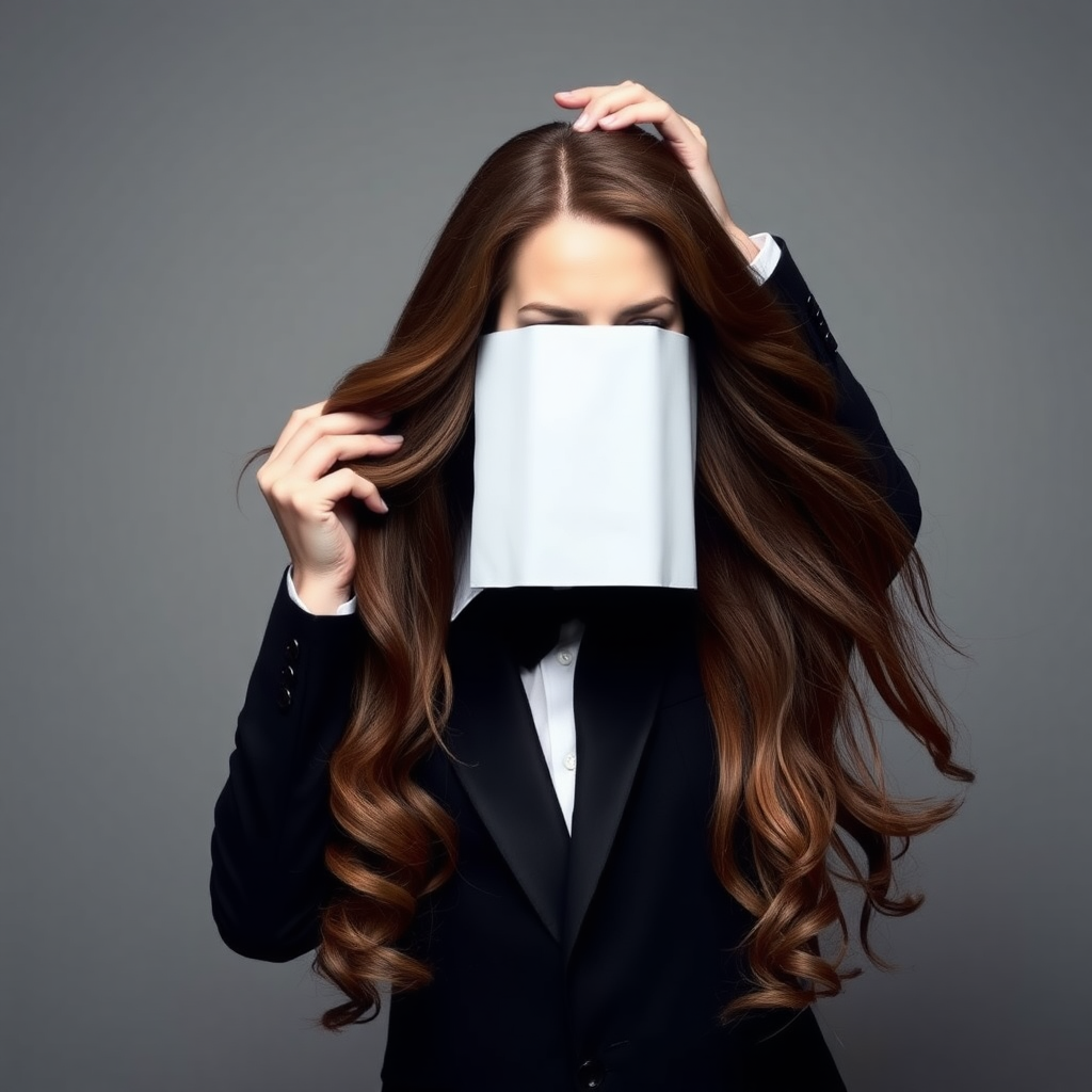 A surreal image of a magician holding up the disembodied head of a very long-haired Kate Middleton. He is grabbing her by her long hair and holding up her head high in the air to display it to the camera. Plain gray background.