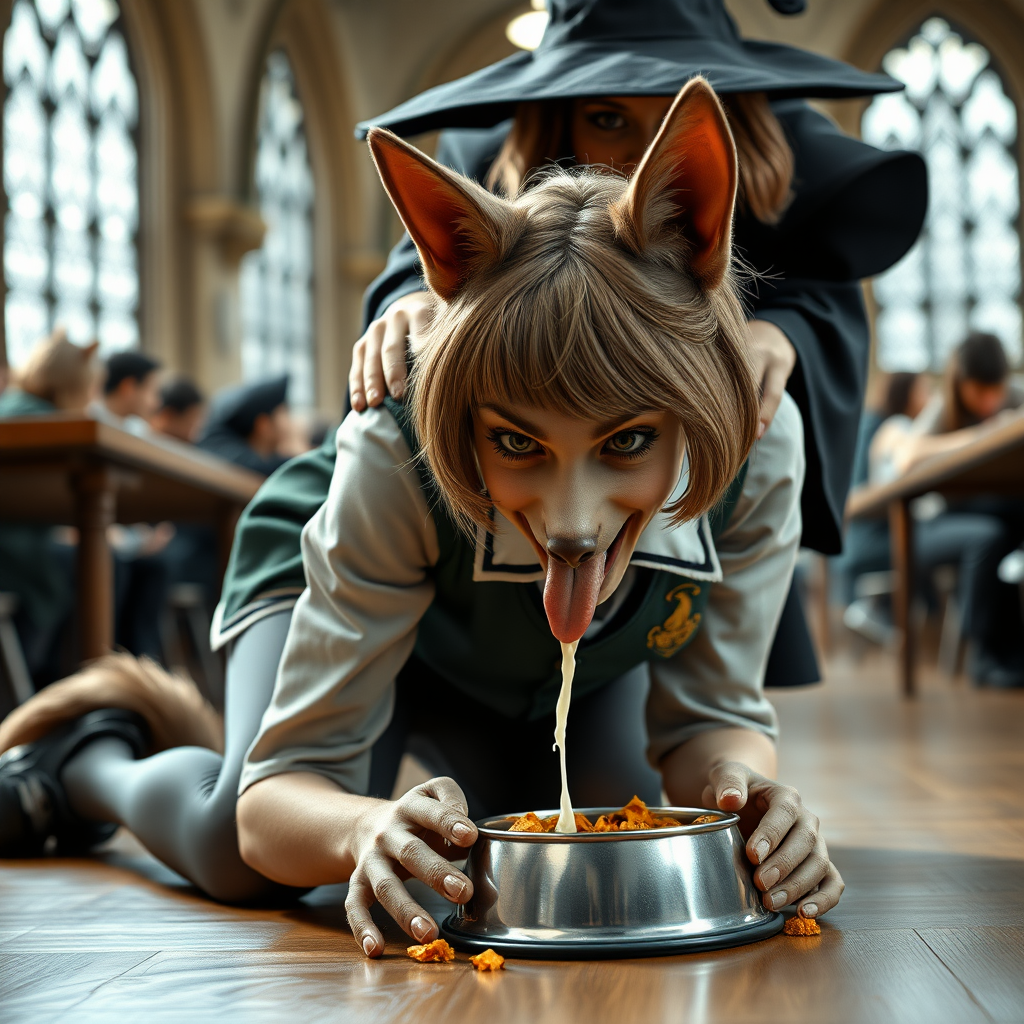 photorealistic, ultra high resolution, 16K, surreal fantasy, studio lighting, a wicked witch at Hogwarts School has cast a spell on Tyler Swift, who is a pretty 18 year old dog-boy, slim male physique with dog ears and bushy tail, shoulder length brown hair, goth makeup, earrings, spiky dog collar, dressed as a Hogwarts Slytherin girl - glossy grey pantyhose, school uniform, Mary-Jane shoes, kneeling on all fours the floor face down eating food from a dog bowl on the student dining hall at Hogwarts School, excited smile, swallowing food from the bowl, and white fluid dripping from his mouth from his open mouth. The witch is standing behind Tyler and is resting her arms on his shoulders. full body view, facing the camera.