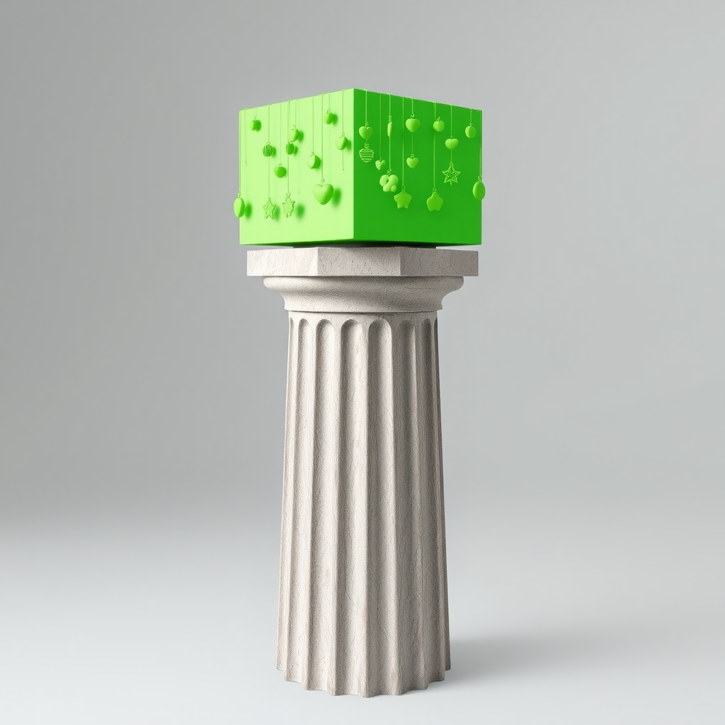 A photograph of an ancient Greek column with weathered, fluted details at the base. Atop the column sits a vibrant, neon green rectangular volume serving as the capital. Numerous cute, quirky green objects—such as small hearts, stars, and abstract shapes—hang from this rectangular volume, creating a surreal contrast with the aged stone. The overall composition is minimalistic, blending an odd mix of ancient, cute, and weird elements.